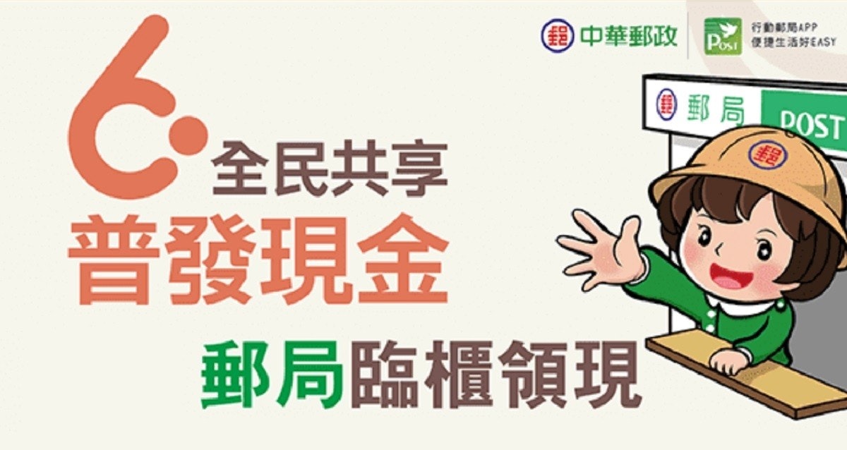 照片中提到了6.、行動郵局APP、中華郵政 Pos, 便捷生活好EASY,跟中華郵政、中華郵政有關,包含了6000 元 登錄完成、銀行賬戶、行政院、銀行、金融