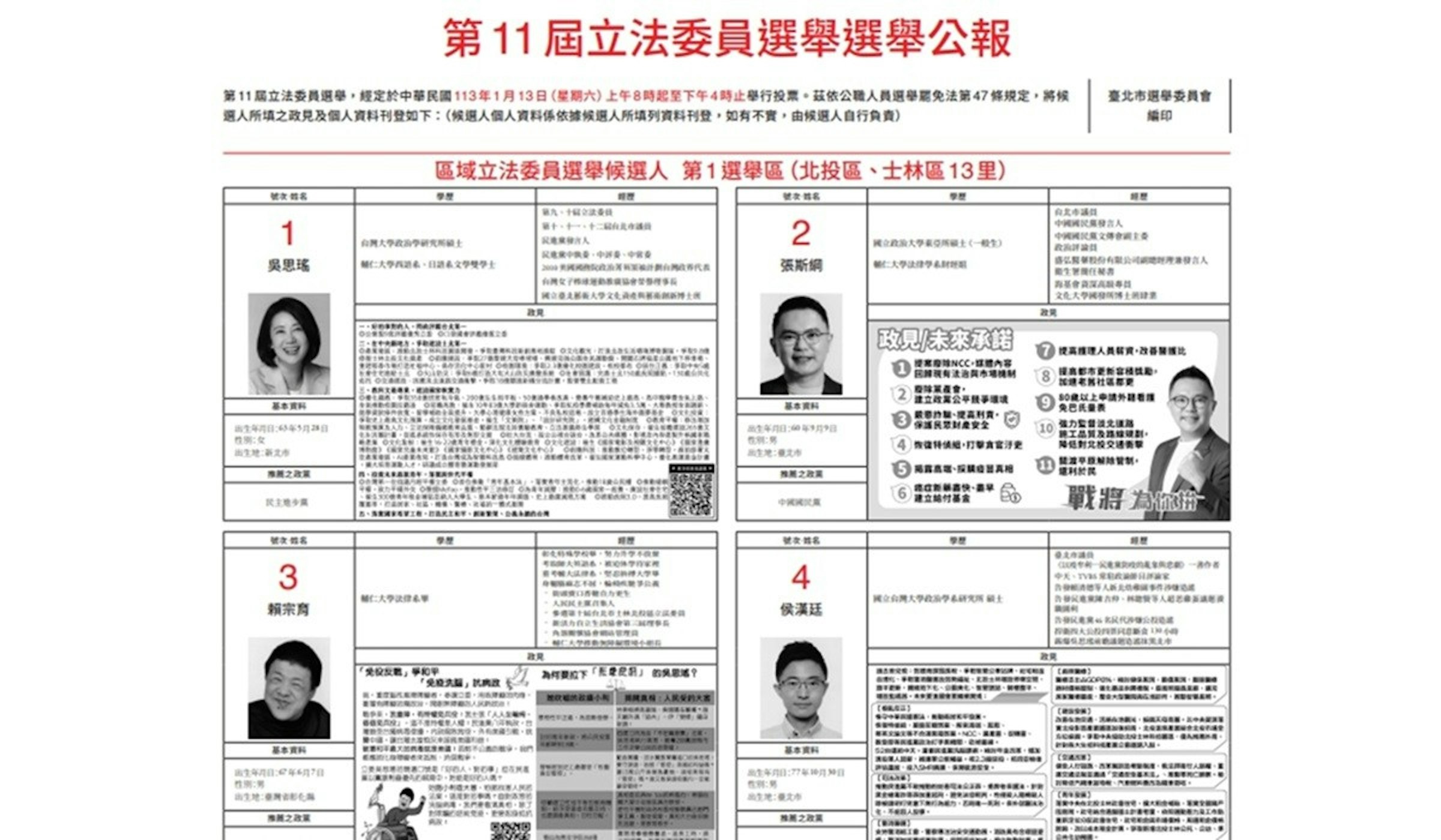 照片中提到了第11屆立法委員選舉選舉公報、第11屆立法委員選舉,經定於中華民國113年1月13日(星期六)上午8時起至下午4時止舉行投票。茲依公職人員選舉篇免法第47條規定,將候、選人所填之政見及個人資料刊登如下:(候選人個人資料係依據候選人所填列資料刊登,如有不實,由候選人自行負責)，包含了設計、設計、產品設計、產品、圖