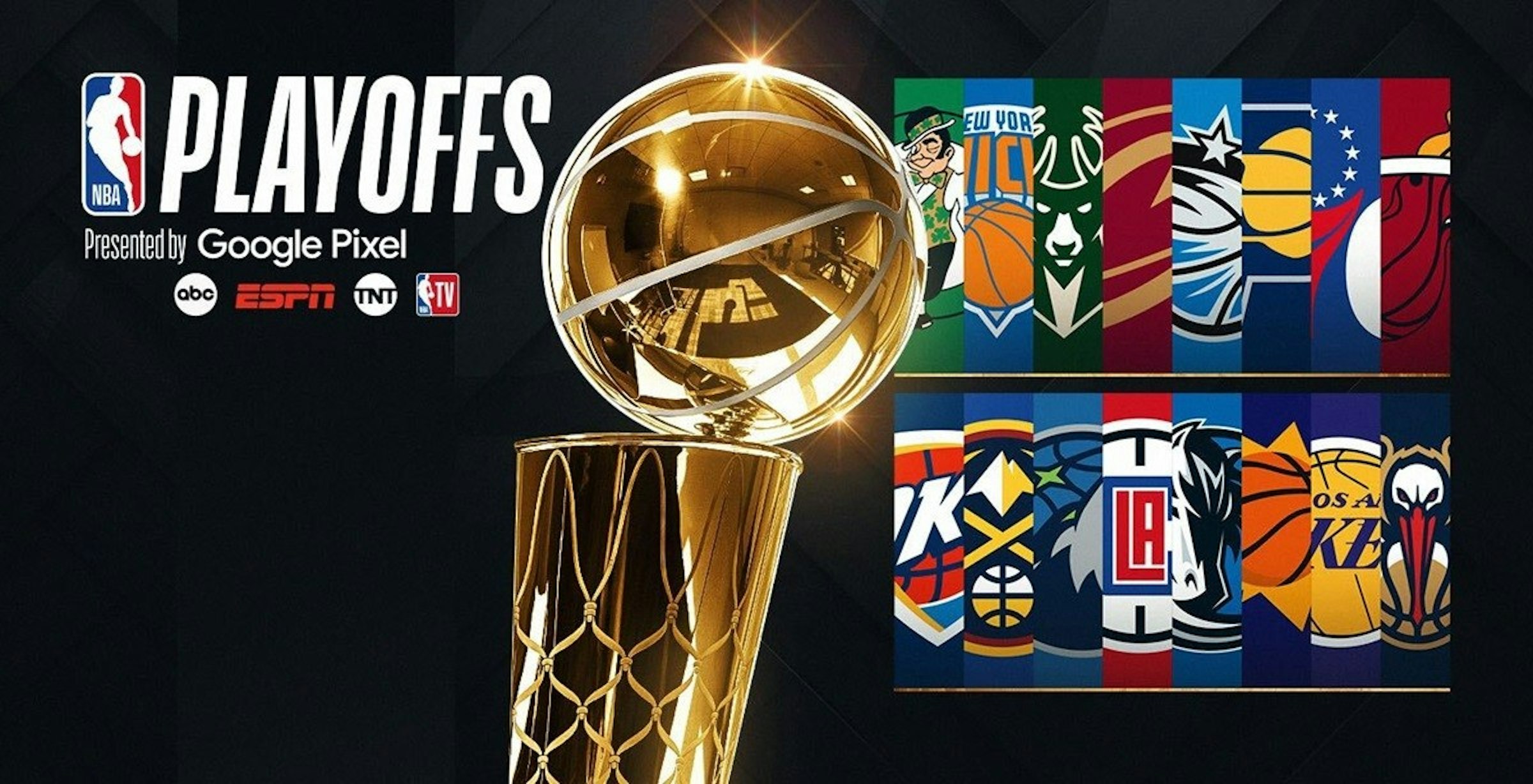 照片中提到了NBA、PLAYOFFS、Presented by Google Pixel，跟ESPN、美國演員工會獎有關，包含了平面設計、紐約尼克斯隊、NBA、邁阿密熱火、紐奧良鵜鶘隊