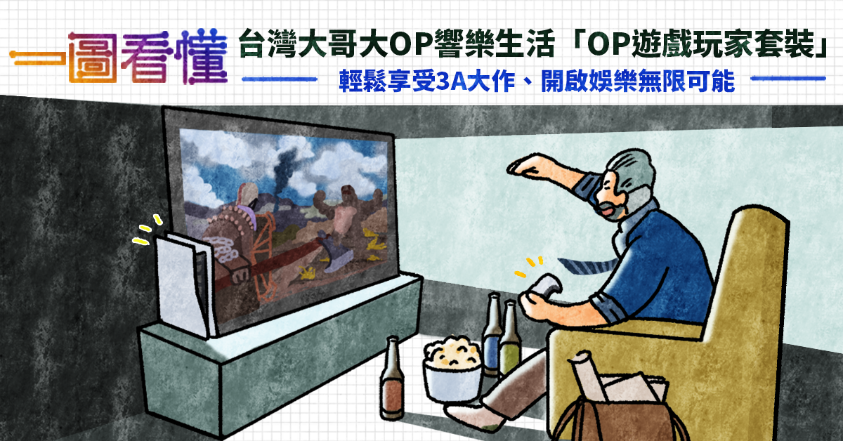 照片中提到了一圖看懂台灣大哥大OP響樂生活「OP遊戲玩家套裝｣、輕鬆享受3A大作、開啟娛樂無限可能，包含了堀之內九一郎、小說、人類行為、人的、動畫片