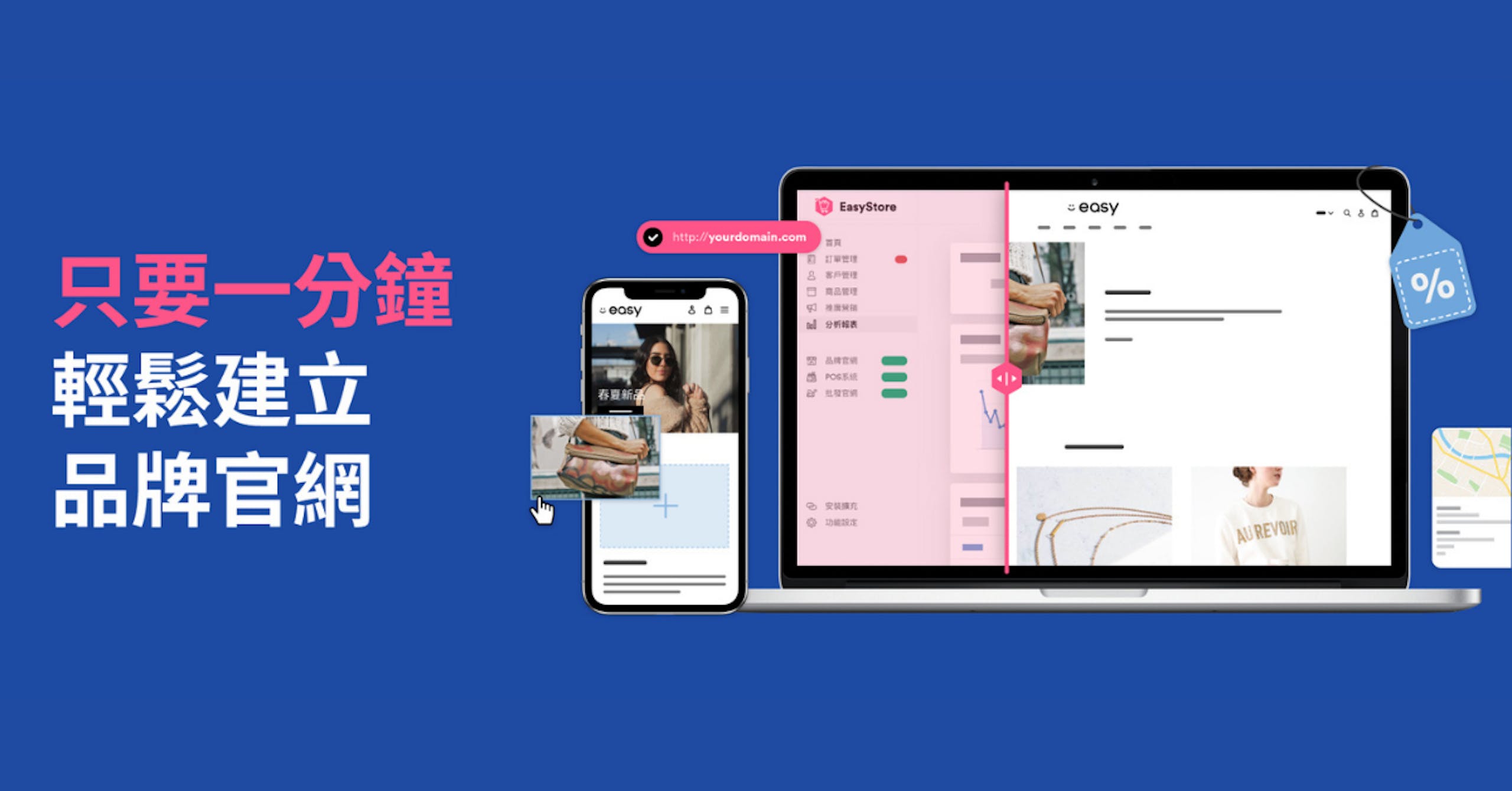 照片中提到了O EasyStore、s easy、V http://yourdomain.com，包含了軟件、軟件、電子商務、計算機應用、數據