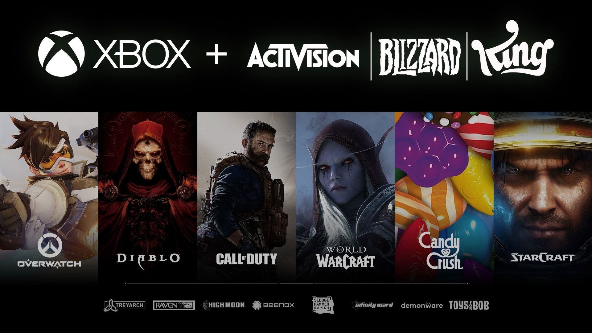 照片中提到了OVERWATCH、XBOX + ACTIVISION BILZZARD ing、DIABLO，跟暴雪娛樂、動視暴雪有關，包含了微軟收購動視暴雪、魔獸世界、Xbox One、使命召喚