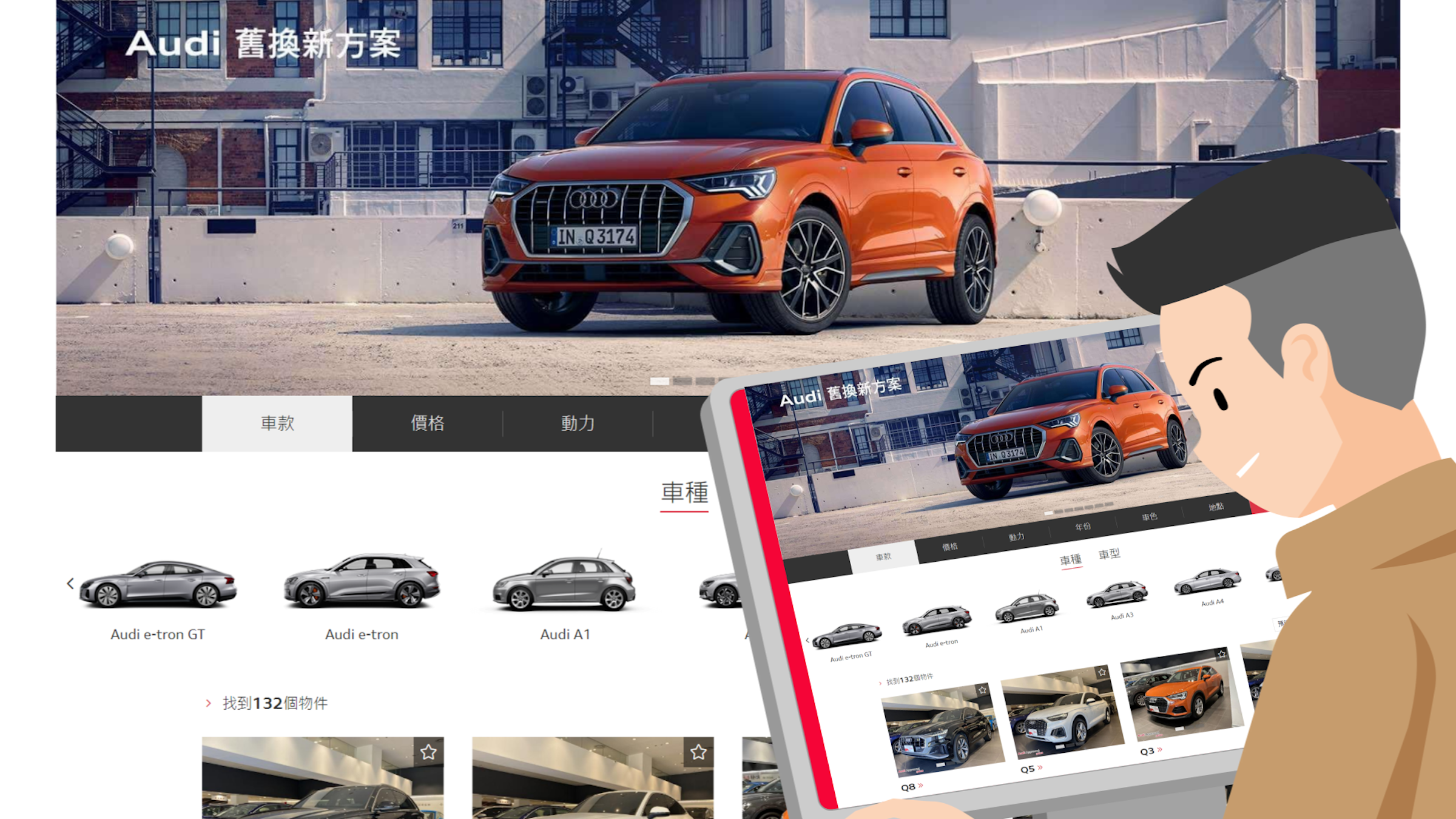照片中提到了Audi 舊換新方案、Audi e-tron GT、+，包含了汽車代理商、汽車、豪華車、運動型多功能車、摩托車