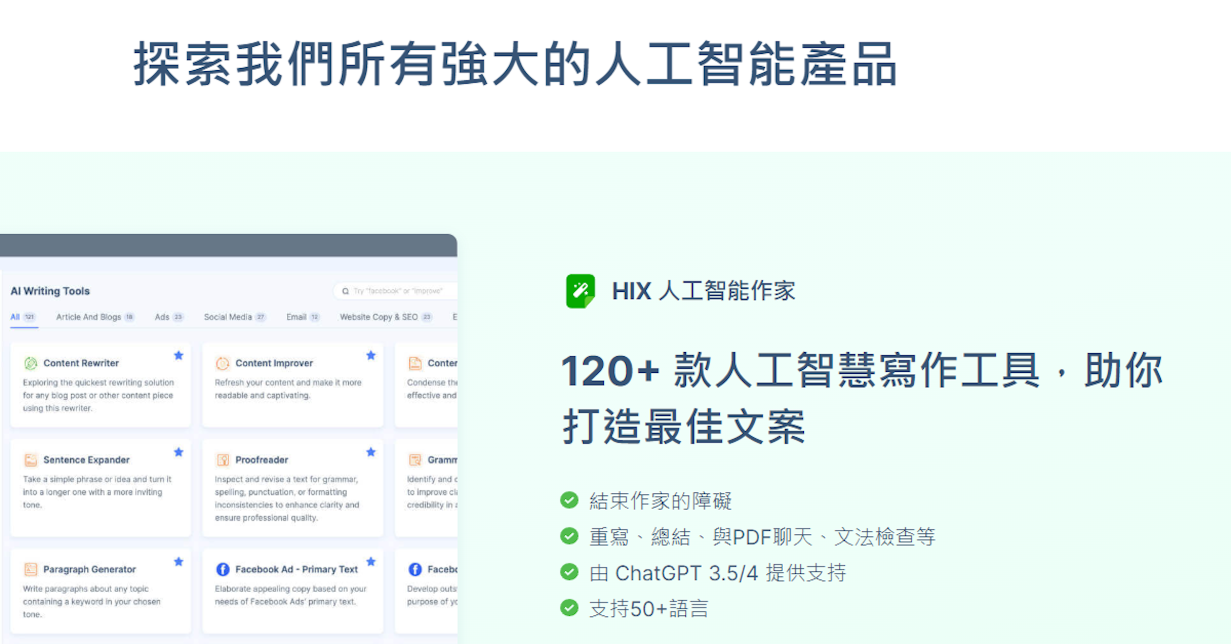 照片中提到了Al Writing Tools、All 121、探索我們所有強大的人工智能產品，包含了網頁、網頁、計算機程序、在線廣告、紙
