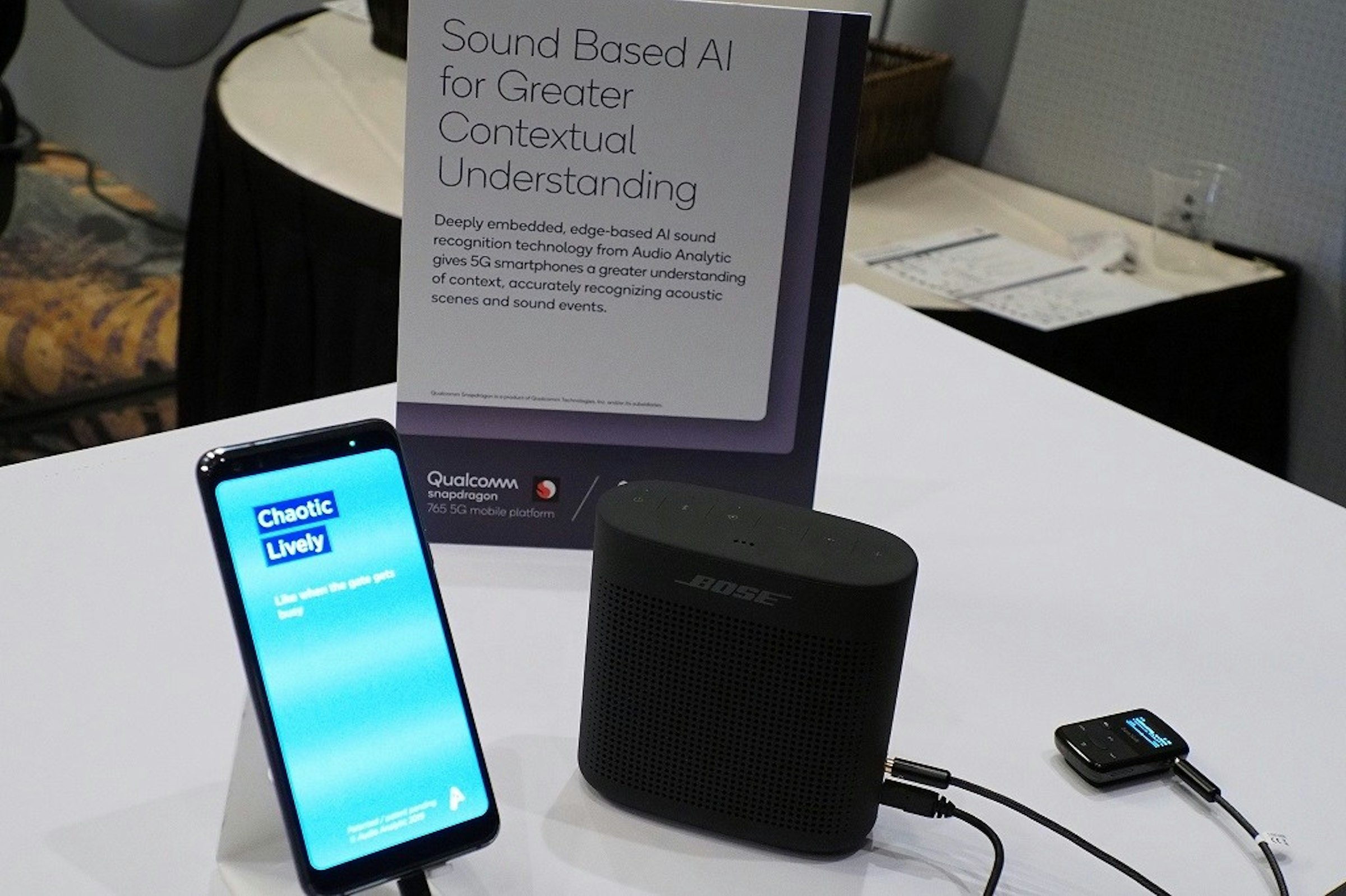 照片中提到了Sound Based AI、for Greater、Contextual，跟殺菌劑、玻色公司有關，包含了小工具、電子配件、產品設計、產品、音響器材
