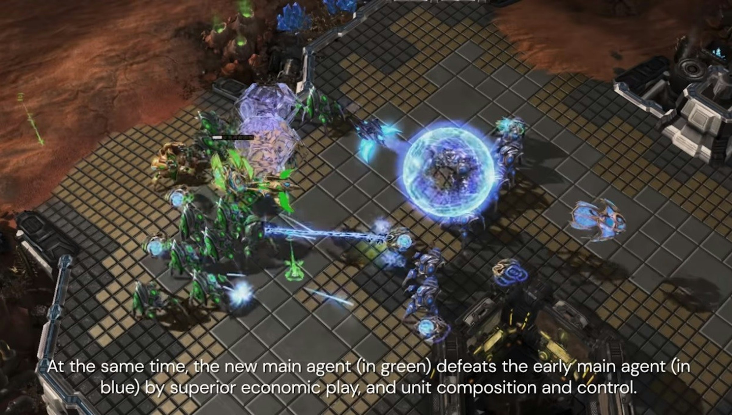 照片中提到了At the same time, the new main agent (in green),defeats the early main agent (in、blue) by superior economic play and unit composition and control.，包含了遊戲、生物群系、空間、儀表、個人電腦