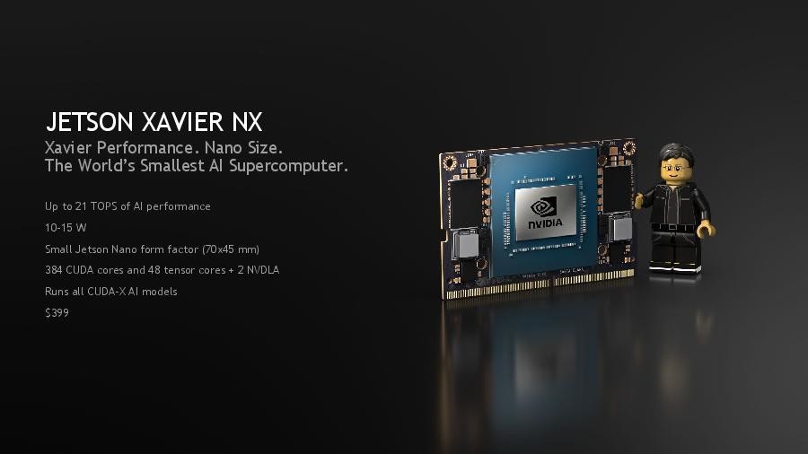 照片中提到了JETSON XAVIER NX、Xavier Performance. Nano Size.、The World's Smallest Al Supercomputer.,跟英偉達有關,包含了電子產品、平面設計、牆紙、電子產品、牌