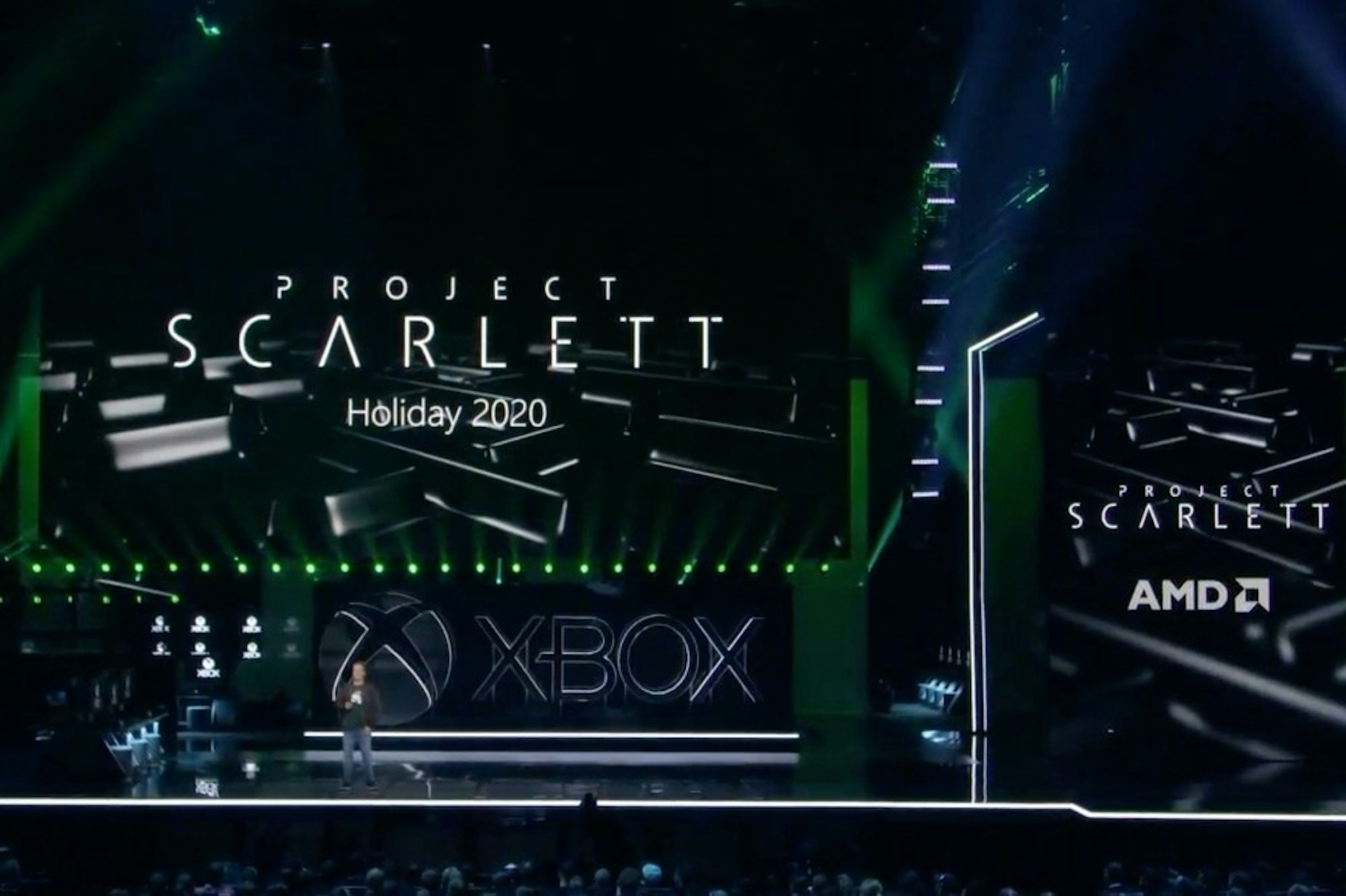 Project Scarlett, Video Games, Microsoft Xbox One X, Microsoft Corporation, , 2019 Electronic Entertainment Expo, Xbox, PlayStation 5, Zen 2, Microsoft, project scarlett, Electronics, Technology, Font, Electronic device, Graphics, Stage, Electronic instrument, Electronic engineering, Performance, Screenshot