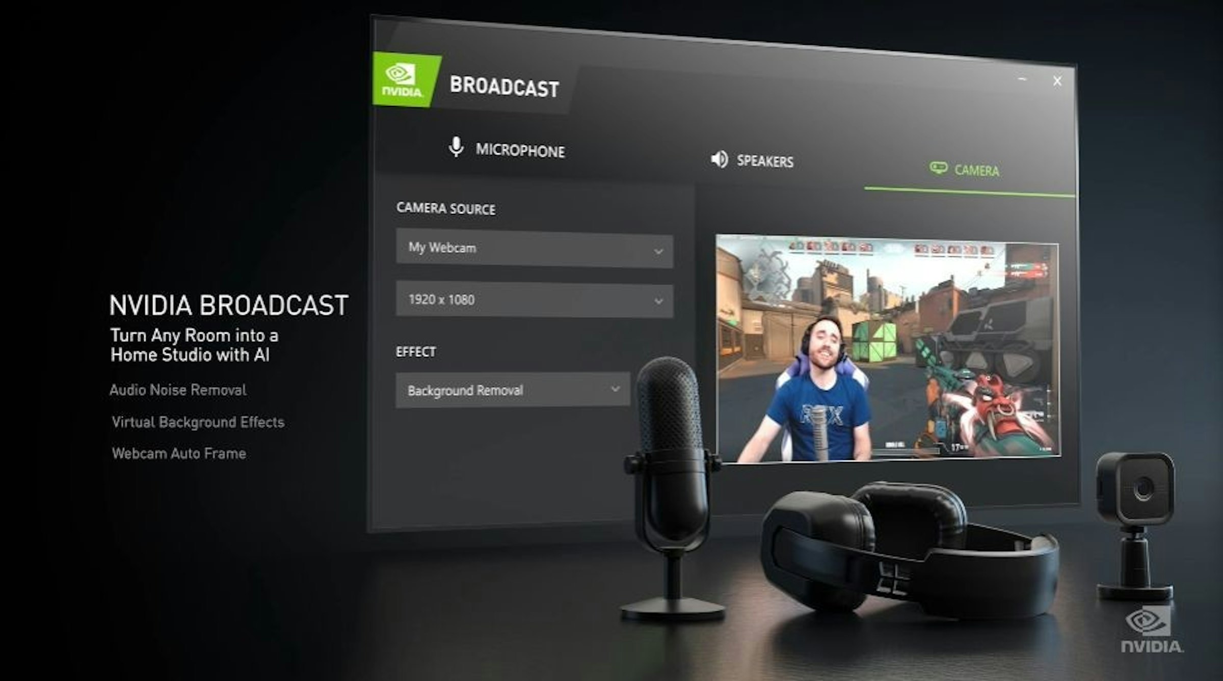 照片中提到了BROADCAST、NVIDIA、V MICROPHONE，跟英偉達、英偉達有關，包含了小工具、顯卡、圖形處理單元、GeForce