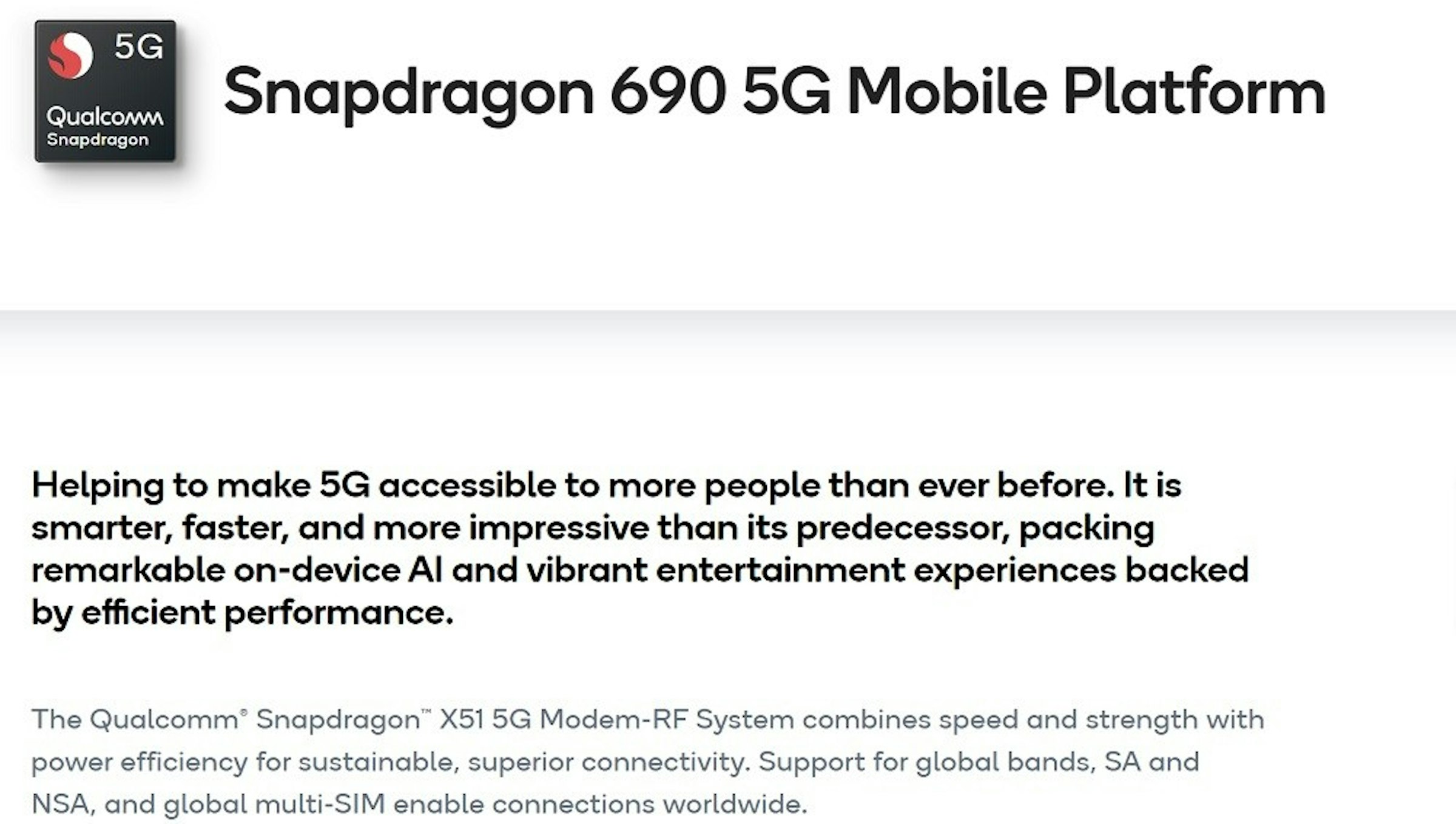 照片中提到了5G、Snapdragon 690 5G Mobile Platform、Qualcomm，包含了文獻、文獻、角度、線、組織