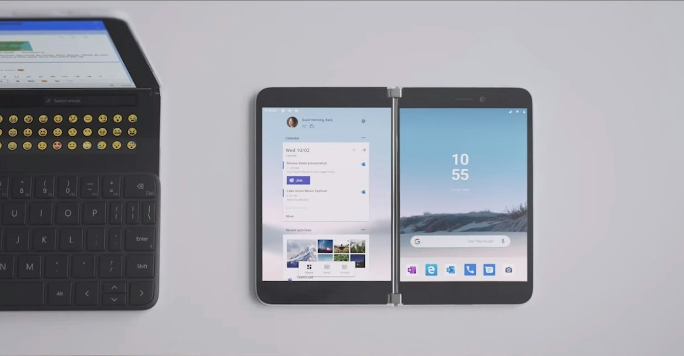 照片中提到了Search em、Wed 10/02、10，包含了Windows Phone Surface Duo、微軟Surface、Windows Phone、安卓系統、可折疊智能手機