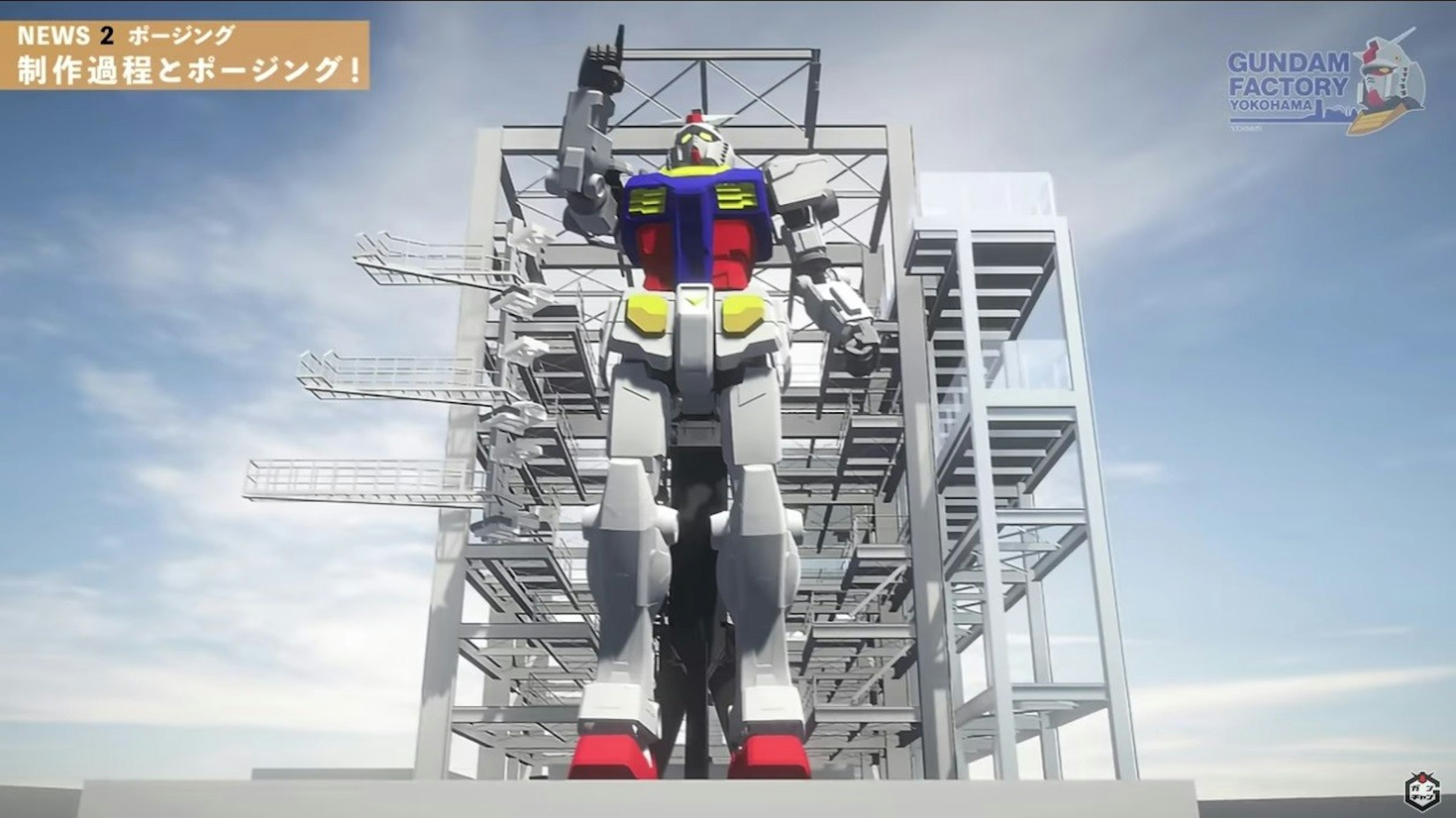 照片中提到了NEWS 2 ポージング、制作過程とポージング!、GUNDAM，包含了機、高達工廠橫濱、高達、日出、高達模型