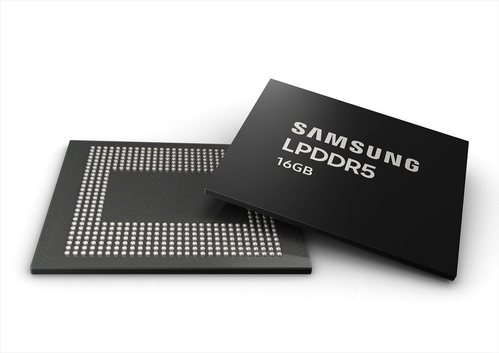 照片中提到了SAMSUNG、LPDDR5、16GB，跟蘋果公司。、三星集團有關，包含了三星12GB lpddr4x、動態隨機存取存儲器、低功耗DDR、三星、三星電子