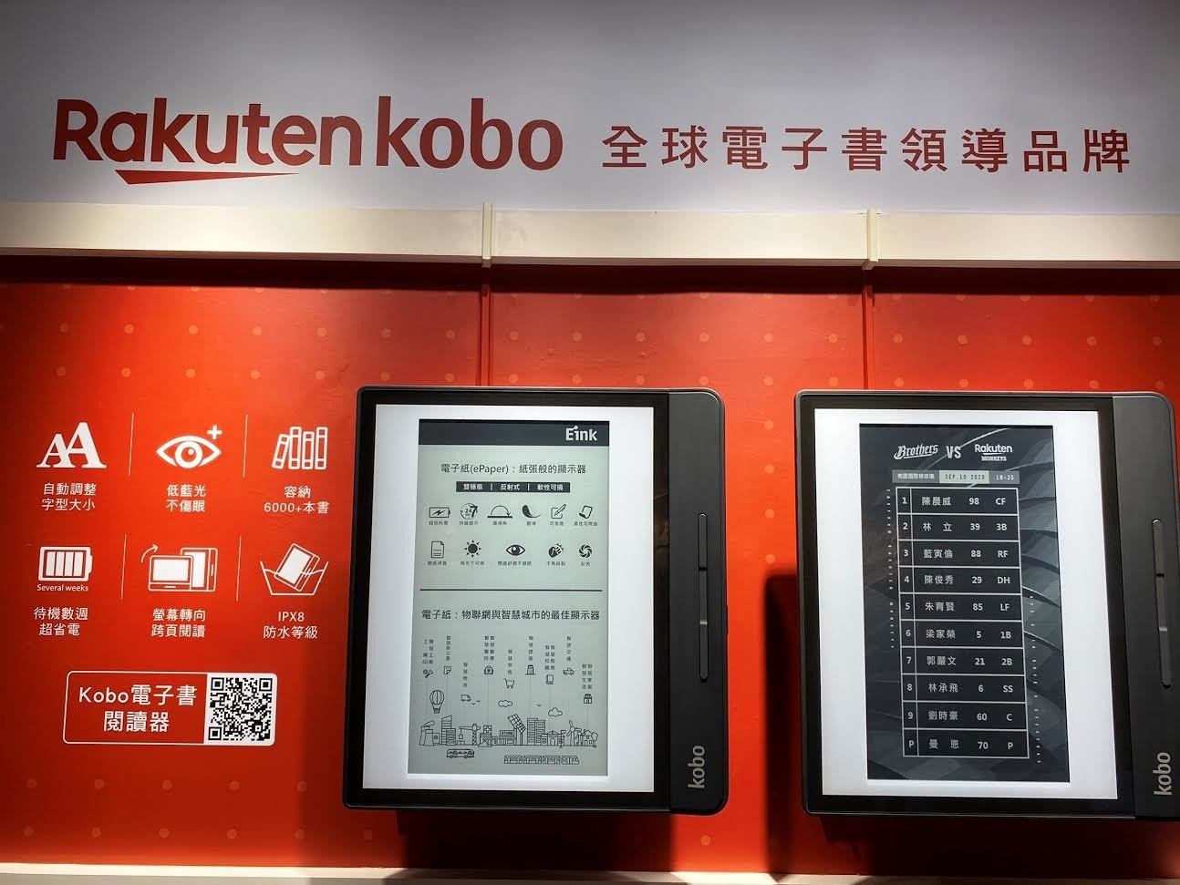 照片中提到了Rakuten kobo 全球電子書領導品牌、AA、Eink，跟樂天有關，包含了今麥郎、顯示裝置、電子產品、電話技術、多媒體