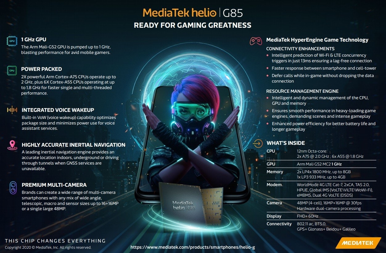 照片中提到了MediaTek helio | G85、READY FOR GAMING GREATNESS、1 GHz GPU，包含了聯發科、聯發科、Redmi注意事項9、芯片組、中央處理器