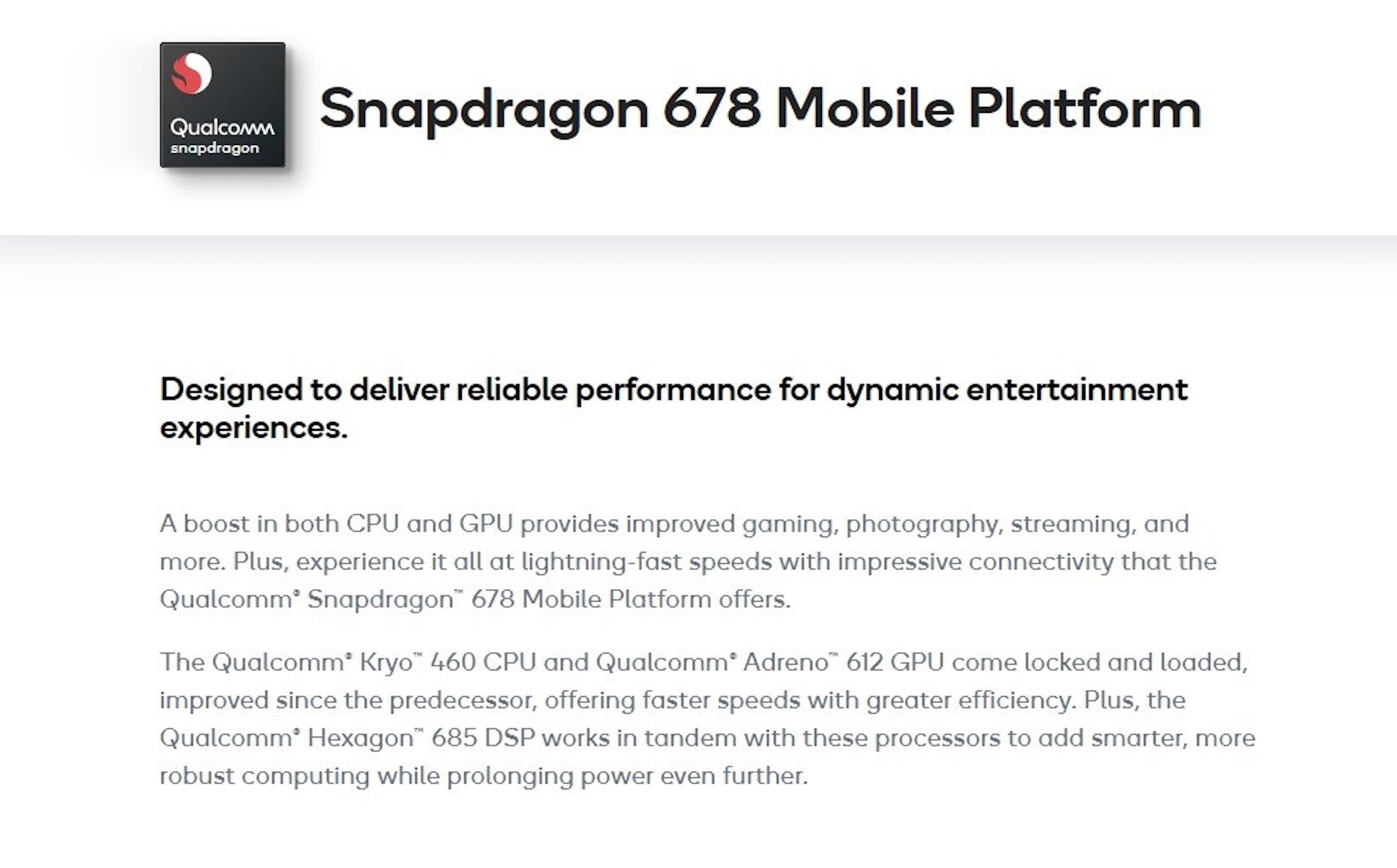 照片中提到了Snapdragon 678 Mobile Platform、Qualcomm、snapdragon，包含了文獻、產品設計、牌、產品、字形