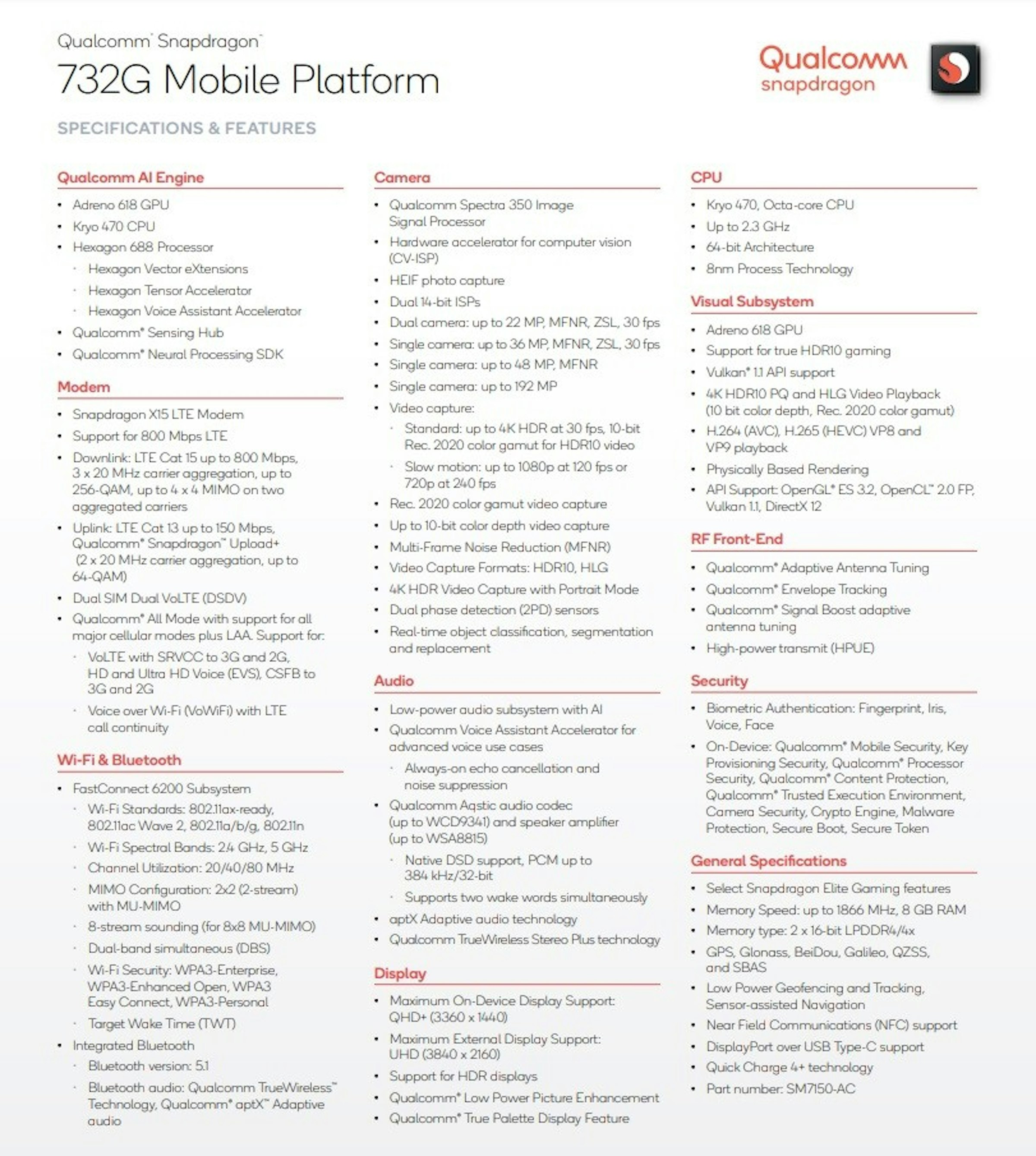照片中提到了Qualcomm' Snapdragon、732G Mobile Platform、Qualcomm，跟高通公司、高通公司有關，包含了宣傳冊、高通金魚草、芯片組、片上系統