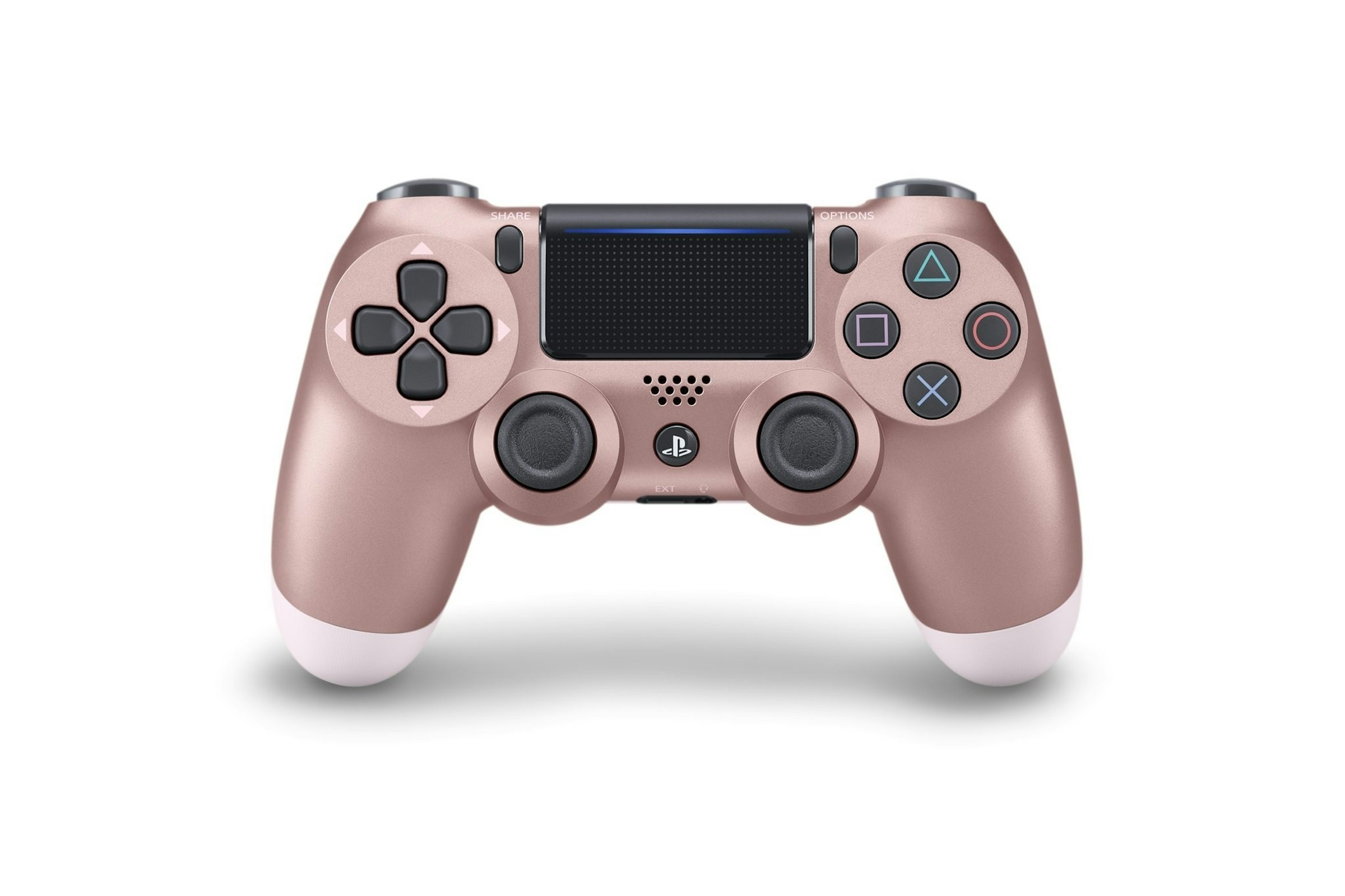 照片中提到了SHARE、OPTIONS、EXT，包含了玫瑰金PS4控制器、索尼DUALSHOCK 4、的PlayStation 4、對馬的幽靈、適用於Playstation 4的Sony DualShock 4無線控制器