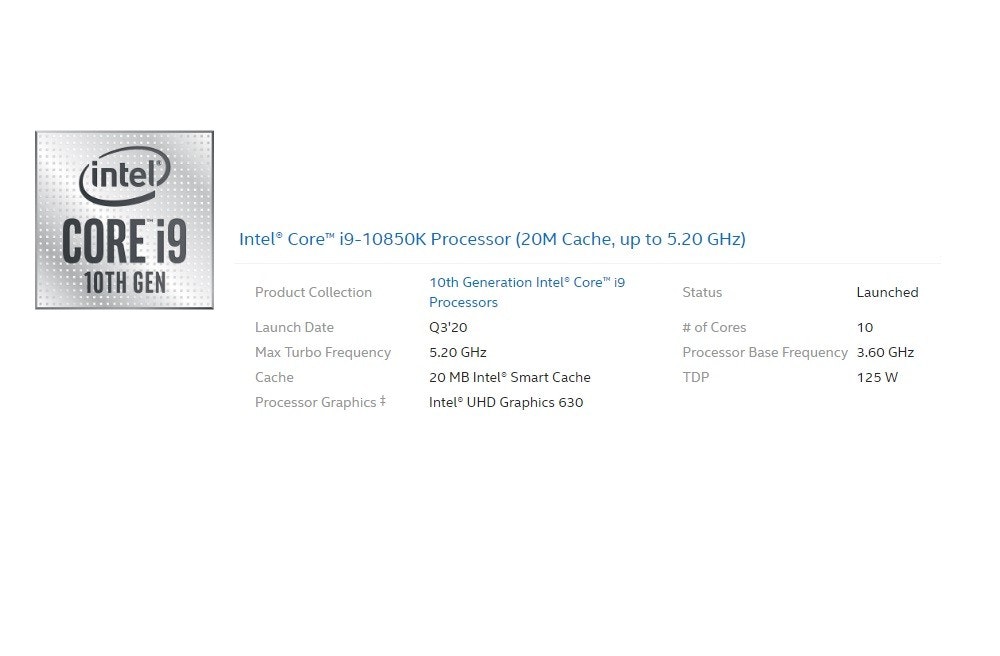 照片中提到了(intel)、CORE 19、Intel® Core™ 19-10850K Processor (20M Cache, up to 5.20 GHz)，跟英特爾、英特爾有關，包含了英特爾、牌、產品設計、字形、儀表