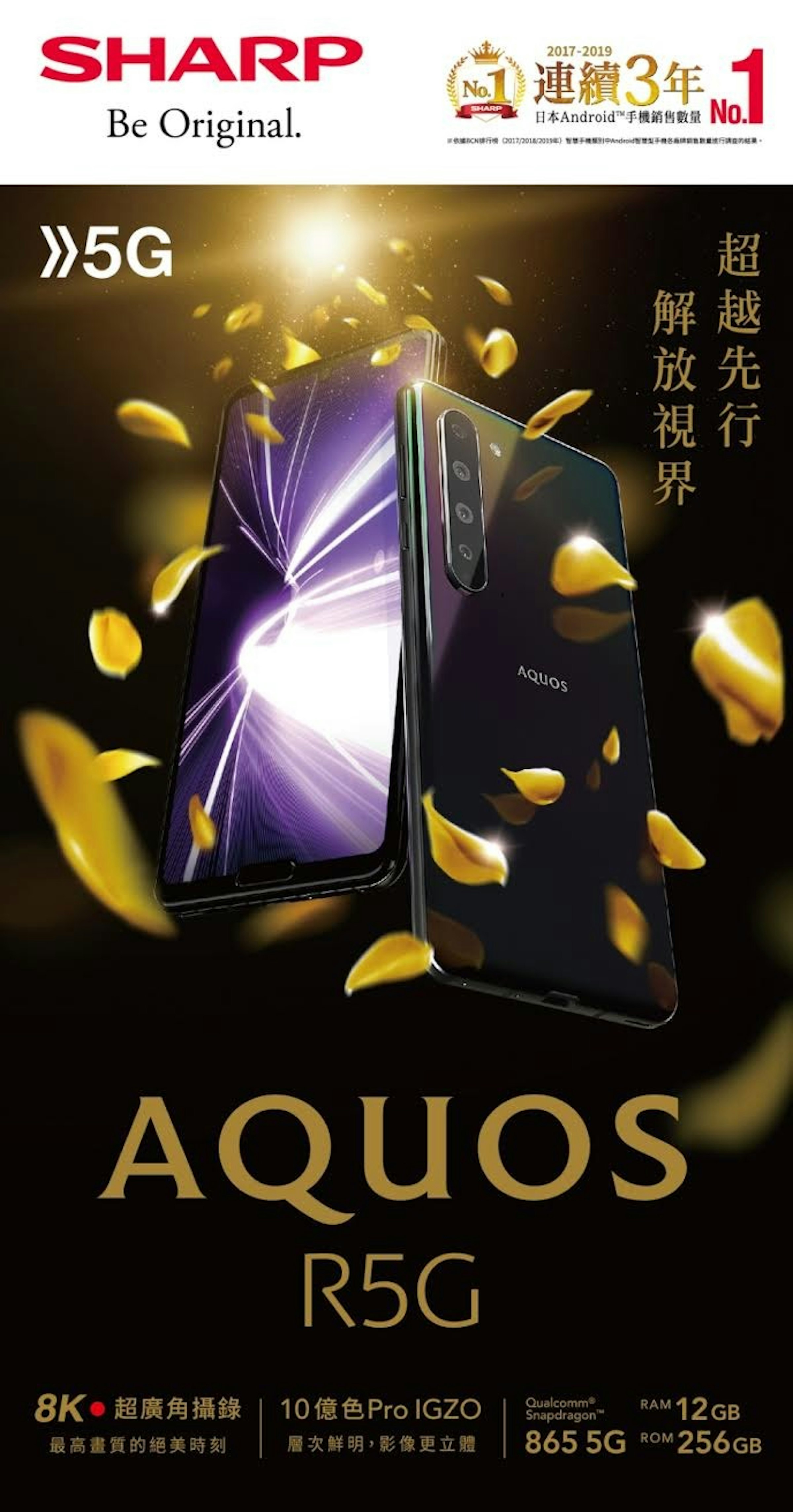 照片中提到了SHARP、Be Original.、2017-2019，跟庫爾德斯坦24、丘利普蘭維多利亞學院有關，包含了r5gドコモ、金魚草865、夏普AQUOS R5G、手機、夏普AQUOS R3