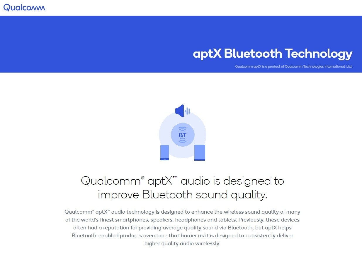 照片中提到了Qualcomm、aptX Bluetooth Technology、Qualcomm aptX is a product of Qualcomm Technologies International, Ltd.，包含了水、牌、商標、產品設計、產品