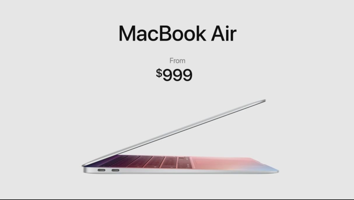 照片中提到了МaсBook Air、From、$999，跟MacBook Air有關，包含了三角形、蘋果M1、蘋果、蘋果移動應用處理器