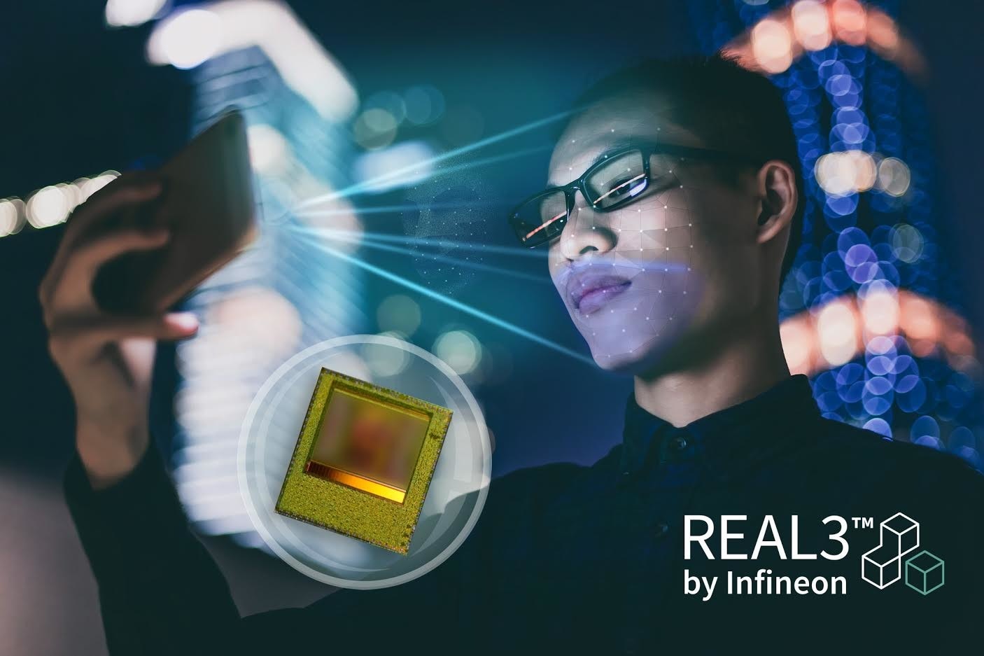 照片中提到了REAL3"、TM、by Infineon，包含了安全的面部識別、面部識別系統、生物識別、安全、人臉編號