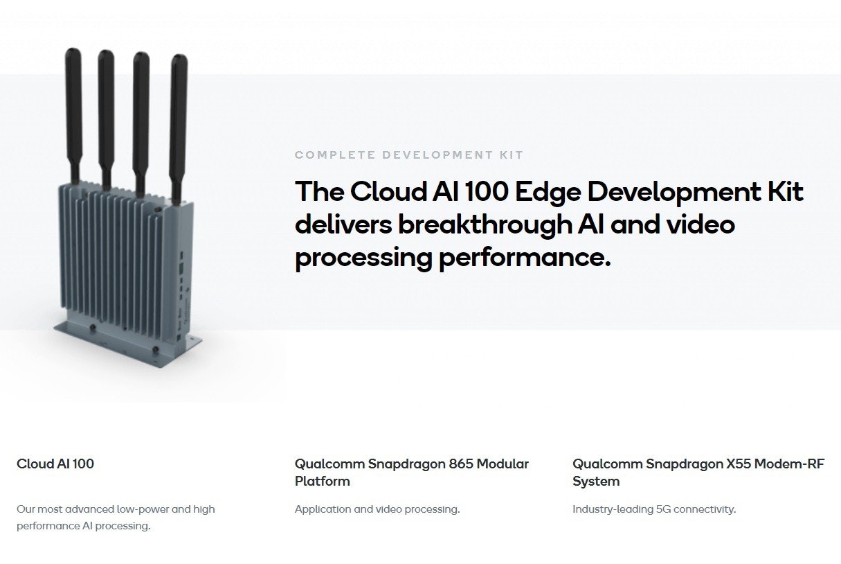 照片中提到了COMPLETE DEVELOPMENT KIT、The Cloud Al 100 Edge Development Kit、delivers breakthrough Al and video，包含了圖、產品設計、產品、牌、儀表