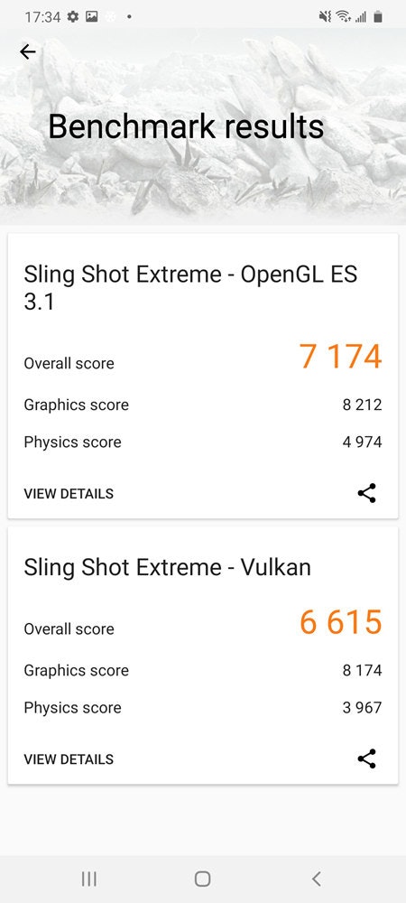 照片中提到了17:34 OD、Benchmark results、Sling Shot Extreme - OpenGL ES，包含了基准测试、三星Galaxy A50、三星Galaxy A7（2018）、基准测试、3DMark