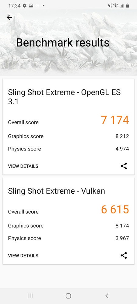 照片中提到了17:34 OD、Benchmark results、Sling Shot Extreme - OpenGL ES,包含了基准测试、三星Galaxy A50、三星Galaxy A7(2018)、基准测试、3DMark