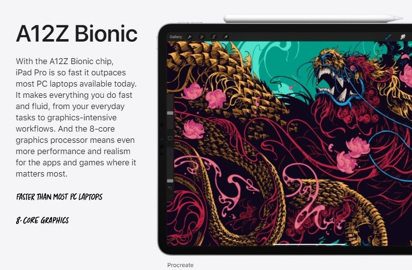 照片中提到了A12Z Bionic、Gallery 7S、With the A12Z Bionic chip,,包含了ioad pro 2020促銷、iPad Pro(12.9英寸)(第二代)、iPad 3、的iPad、蘋果iPad Pro(11)