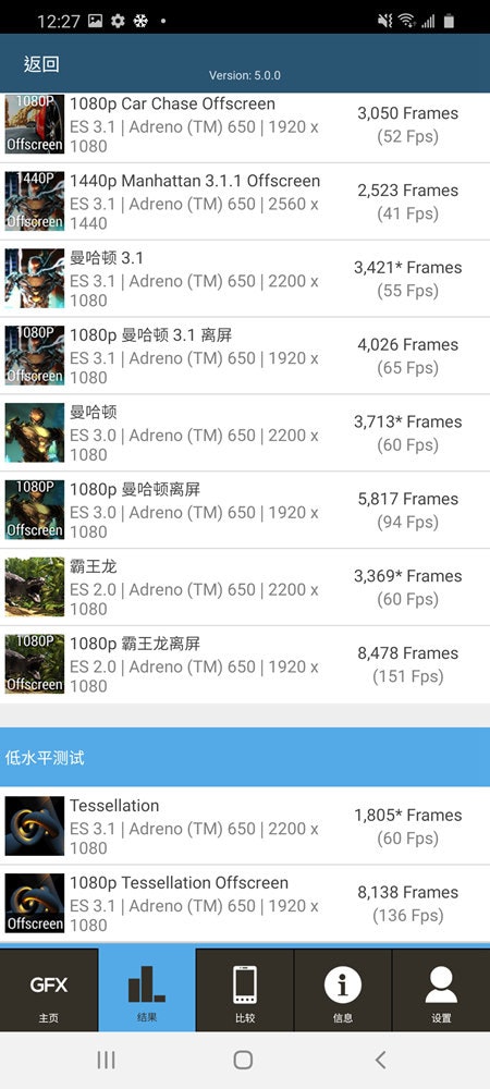 照片中提到了12:27 E ¢ **.、返回、Version: 5.0.0，包含了高通金鱼草、高通金鱼草、高通公司、三星、一加6