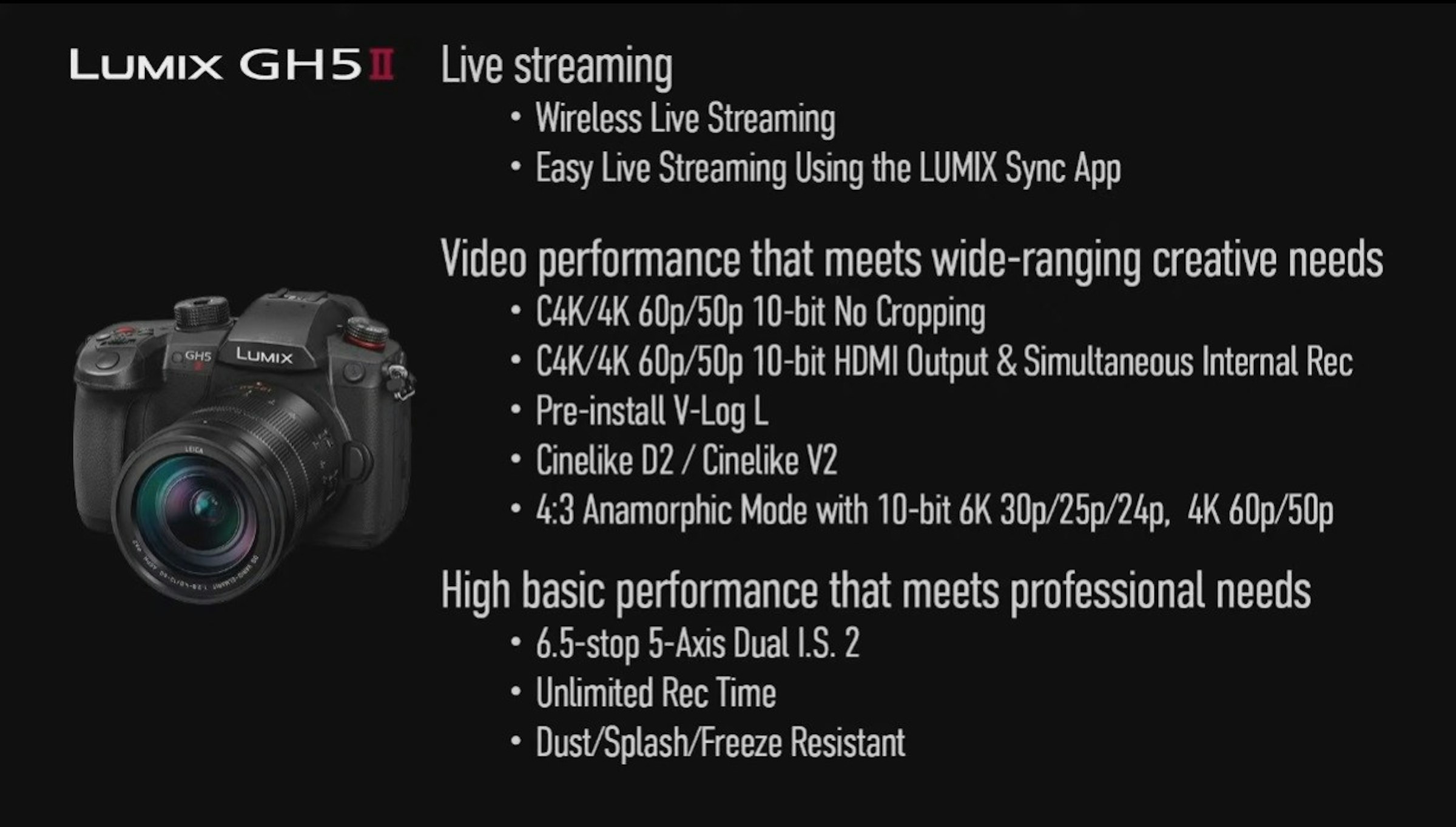 照片中提到了LUMIX GH5I Live streaming、• Wireless Live Streaming、• Easy Live Streaming Using the LUMIX Sync App，包含了數碼單反、松下Lumix DC-GH5、單反相機、無反光鏡可換鏡頭相機、單反相機