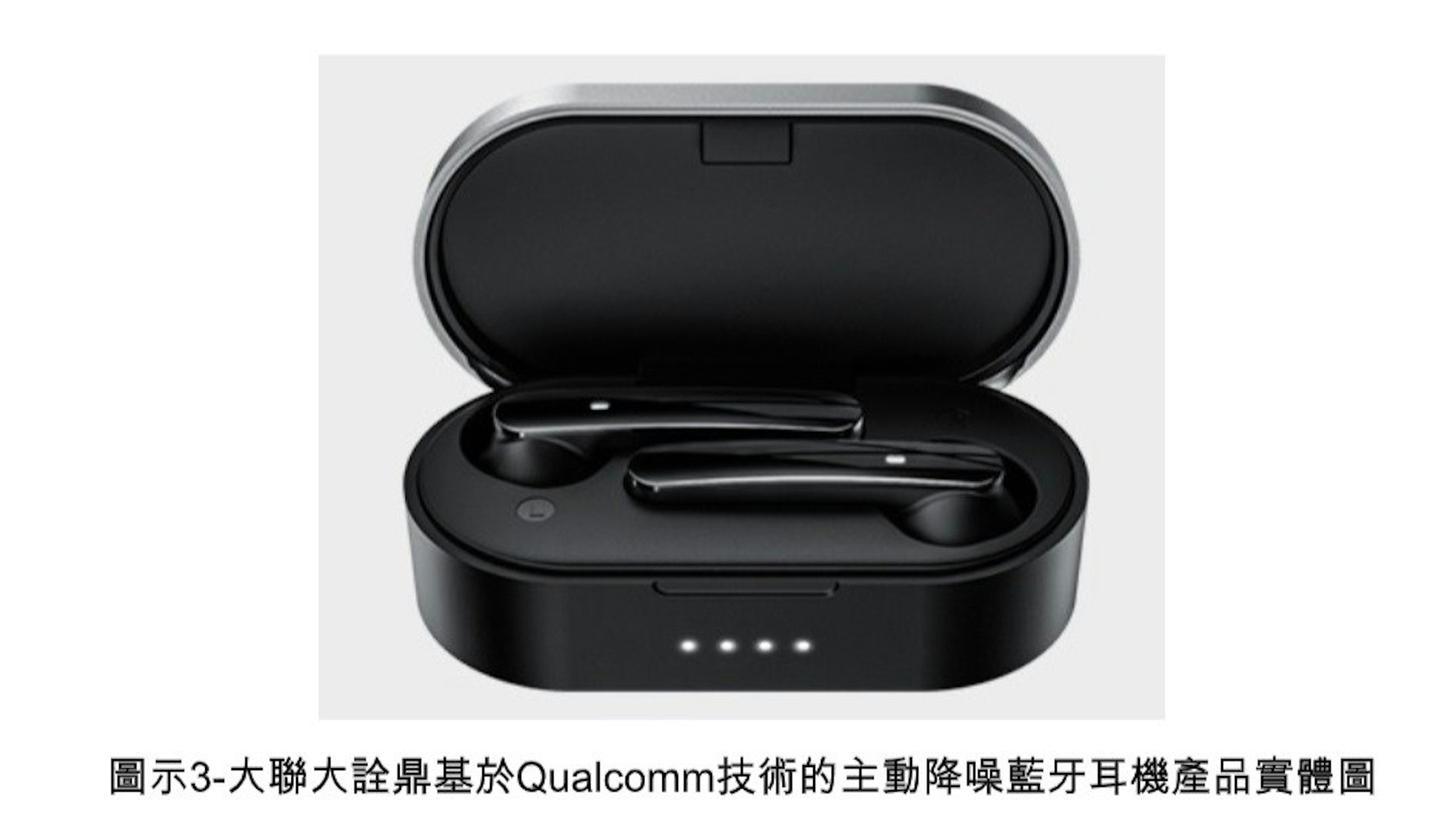照片中提到了圖示3-大聯大詮鼎基於Qualcomm技術的主動降噪藍牙耳機產品實體圖，包含了電子產品、電子配件、產品設計、電子產品、產品