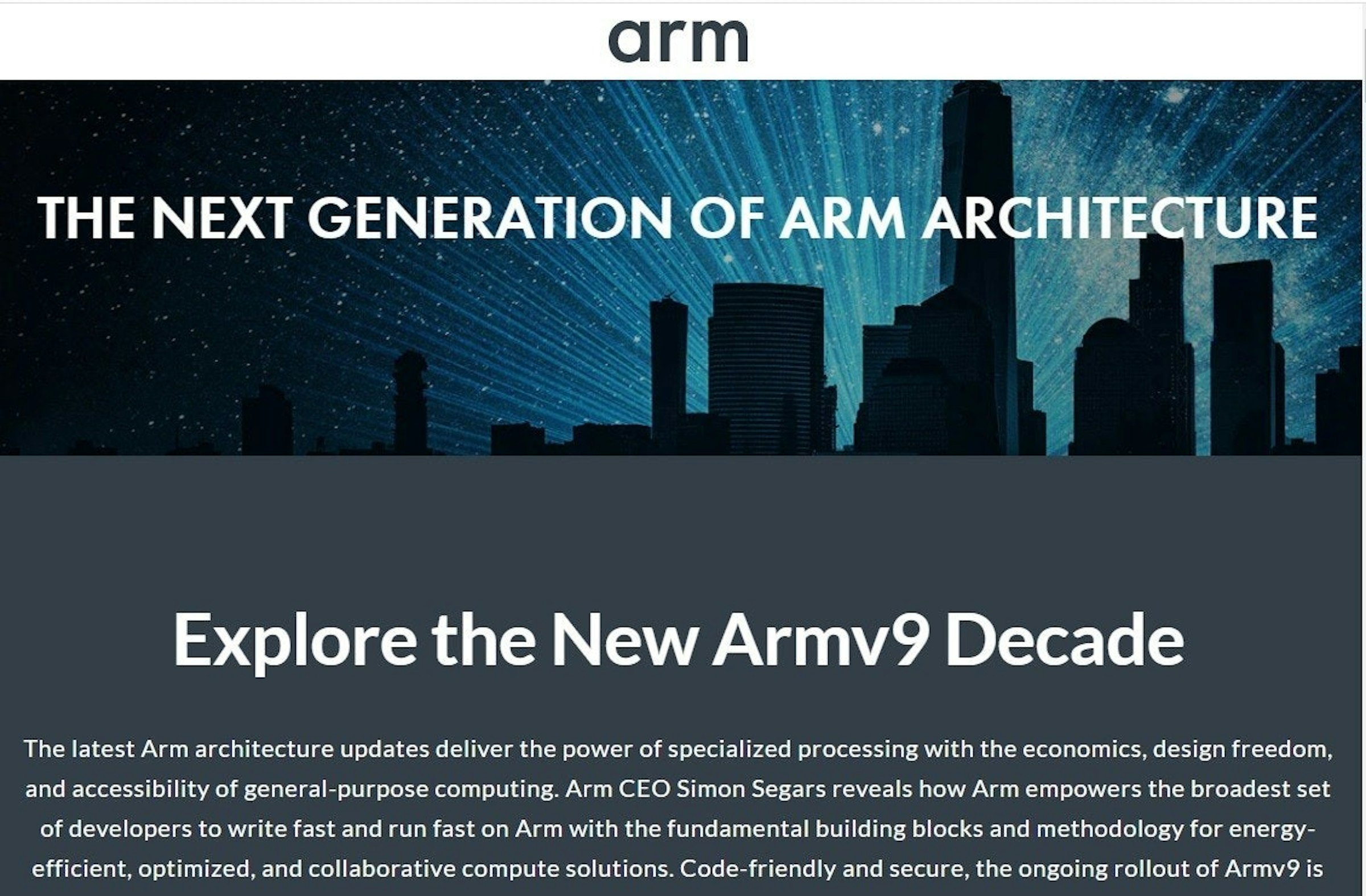 照片中提到了arm、THE NEXT GENERATION OF ARM ARCHITECTURE、Explore the New Armv9 Decade，跟武器控股有關，包含了介紹、ARM架構、64位計算、Befehlssatzarchitektur、建築