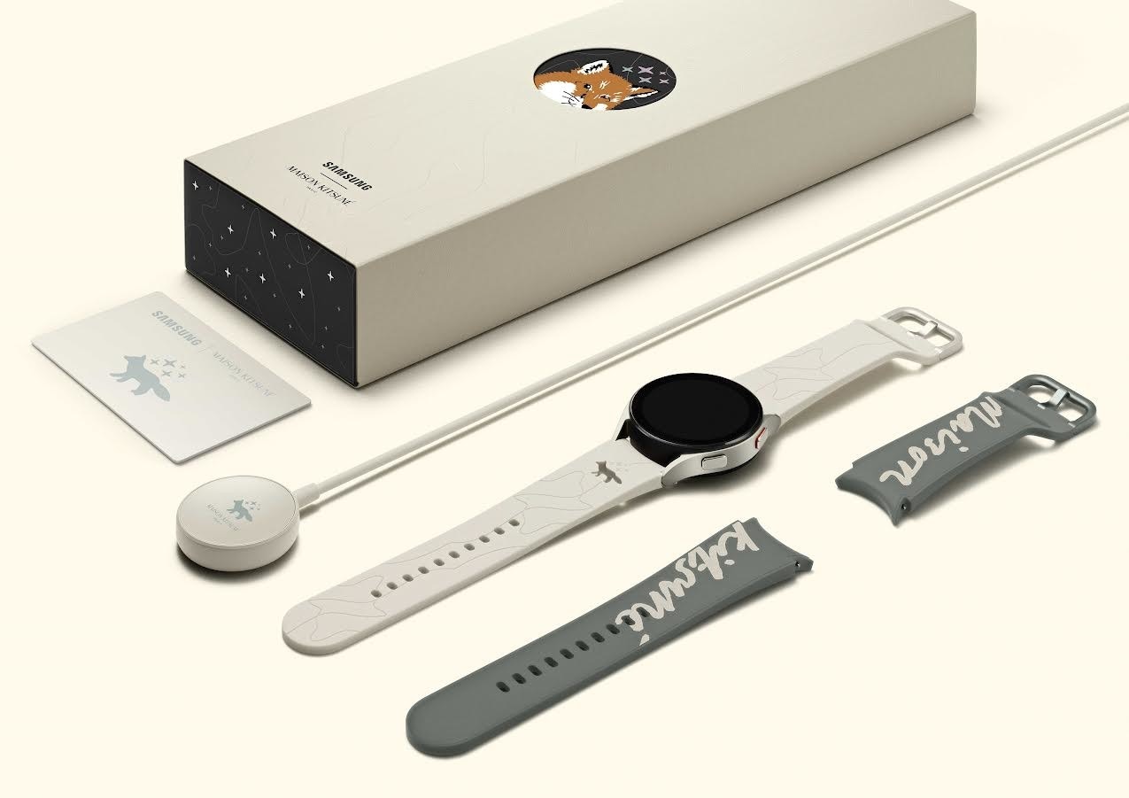 照片中提到了Maison、kibsuné、SAHSUNG,跟鷹巢、雷蛇公司有關,包含了三星Galaxy、三星 Galaxy Z Flip3 5G、三星銀河z翻轉、三星 Galaxy Buds2、三星Galaxy M51