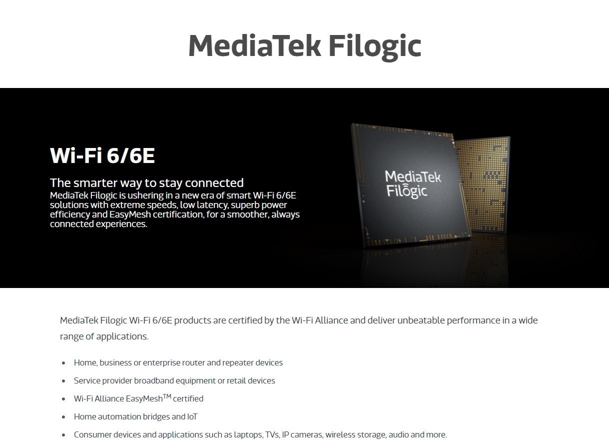 照片中提到了MediaTek Filogic、Wi-Fi 6/6E、MediaTek，包含了網站、產品、產品設計、設計、牌