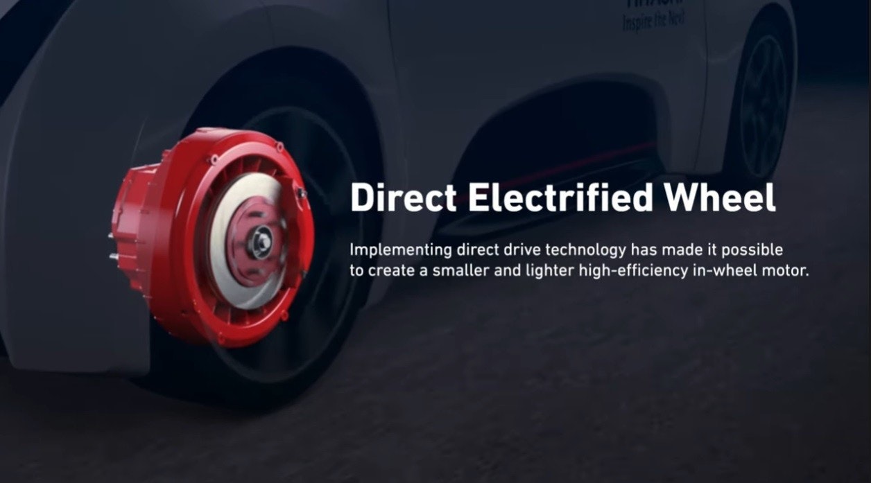照片中提到了Inspire the Ned、Direct Electrified Wheel、Implementing direct drive technology has made it possible，包含了電信、汽車、累、合金輪、汽車照明