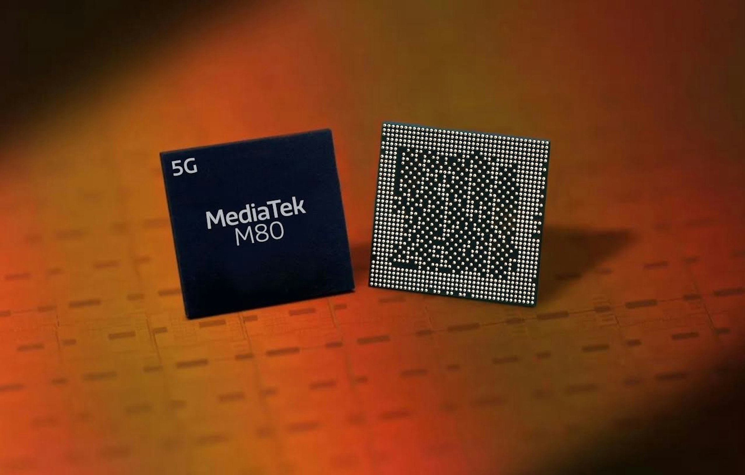 照片中提到了5G、MediaTek、M80，包含了橙子、聯發科、5G、極高的頻率、調製解調器