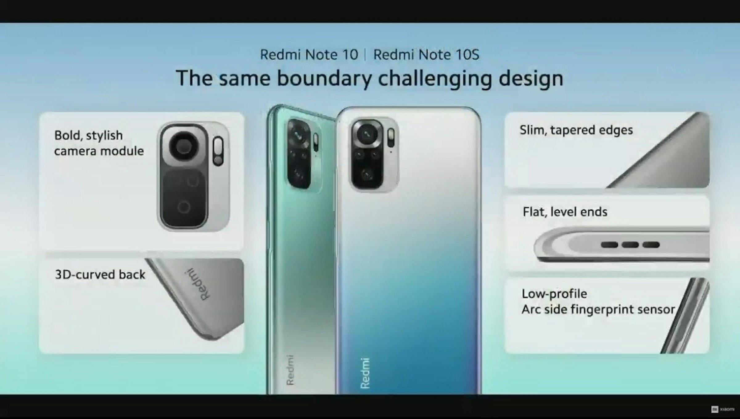 照片中提到了Redmi Note 10 Redmi Note 10S、The same boundary challenging design、Bold, stylish，包含了紅米 Note 10 設計、Redmi注意事項10、小米Redmi注意事項10 Pro、小米紅米 Note 10 5G、小米紅米 Note 10S