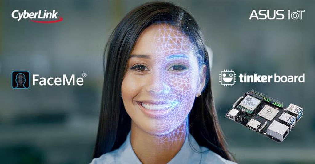 照片中提到了CyberLink、ASUS lOT、FaceMe，跟訊連科技、華碩Tinker董事會有關，包含了微笑識別標準、面部識別系統、相機、佳能、微笑