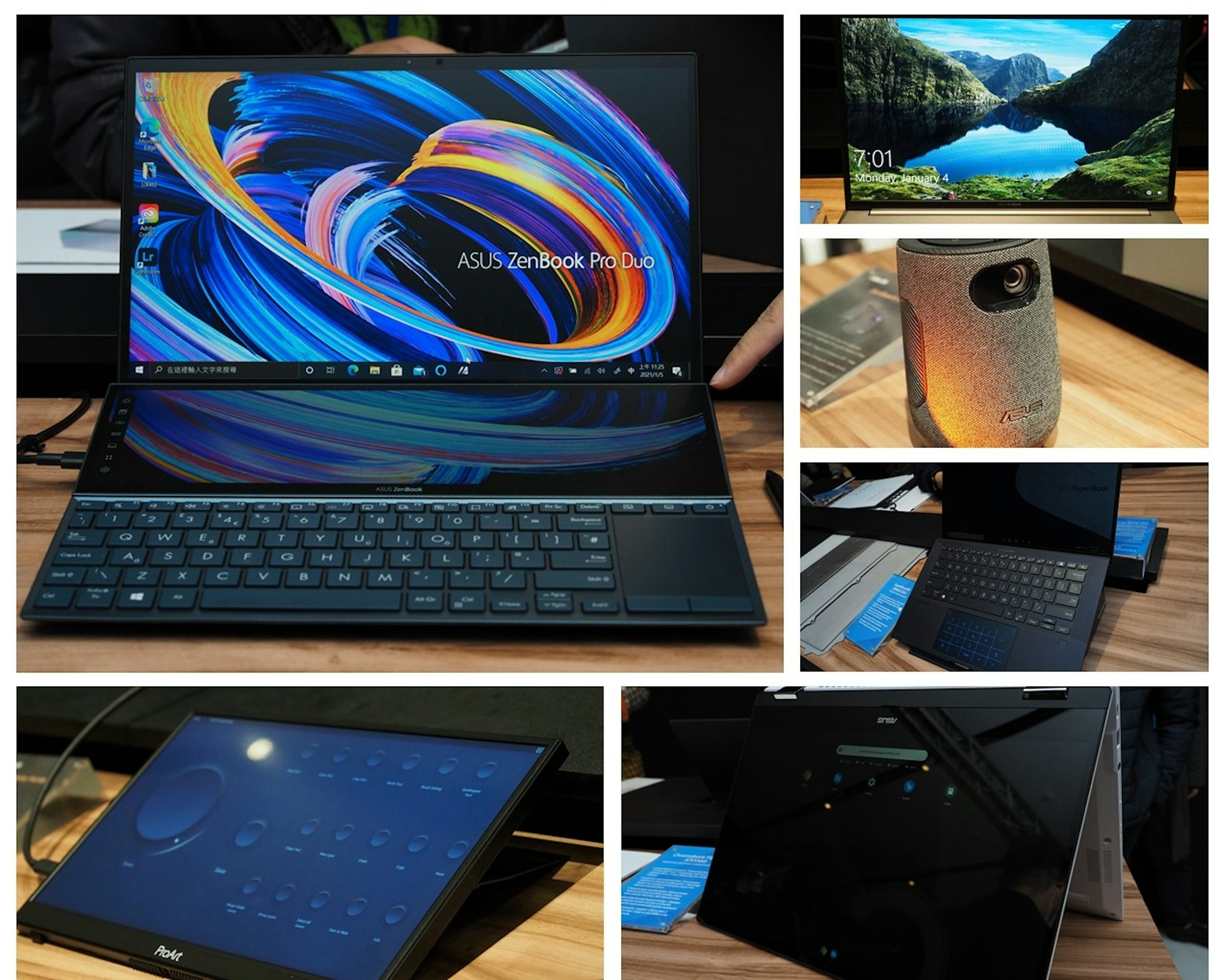 照片中提到了7:01.、Monday January 4、ASUS ZenBook Pro Duo，包含了筆記本電腦、電腦硬件、筆記本電腦、電腦、產品設計