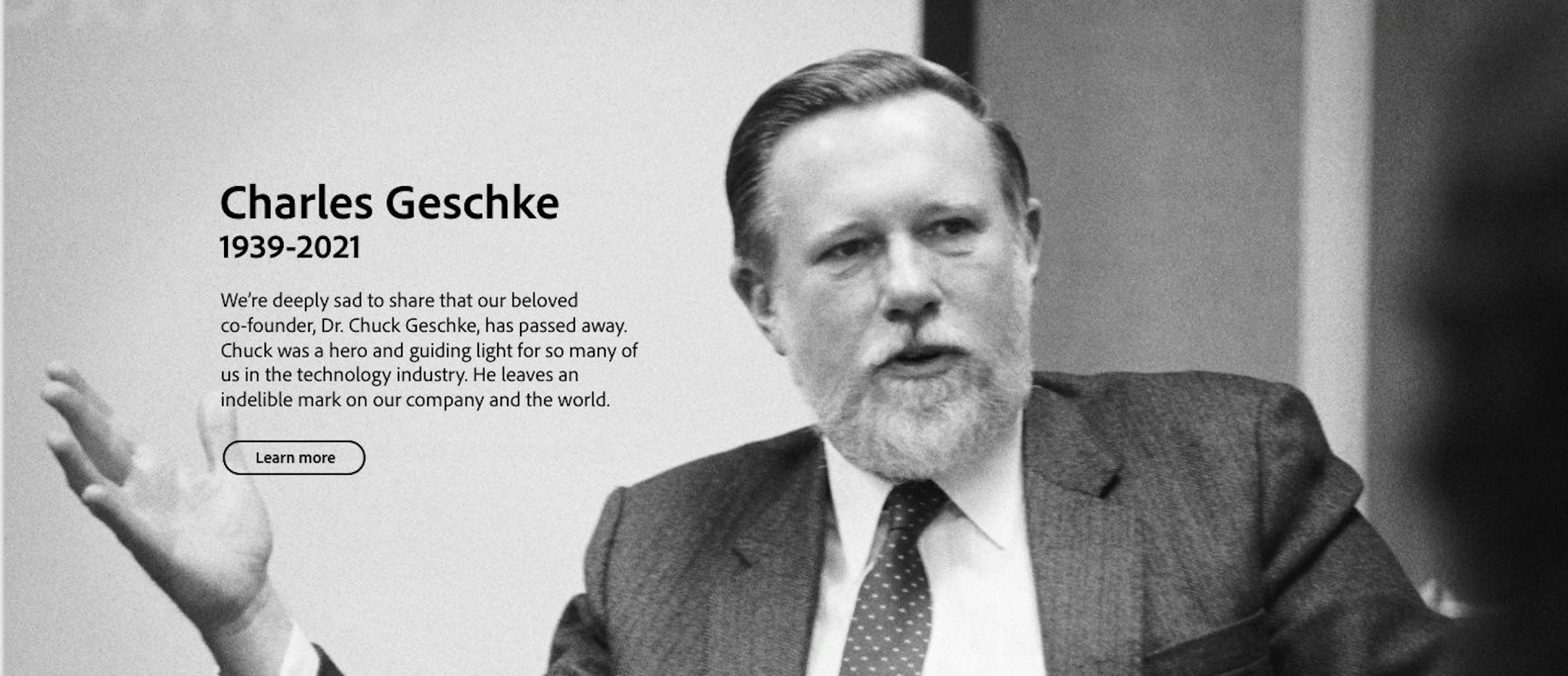 照片中提到了Charles Geschke、1939-2021、We're deeply sad to share that our beloved，包含了紳士、查爾斯·格施克、土坯、PDF格式、軟件