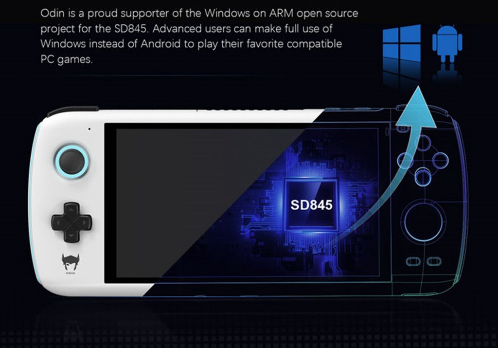 照片中提到了Odin is a proud supporter of the Windows on ARM open source、project for the SD845. Advanced users can make full use of、Windows instead of Android to play their favorite compatible,跟聲音廣播服務有關,包含了遊戲機便攜式配件、掌上游戲機、PlayStation便攜式、PlayStation Vita、遊戲機便攜式配件
