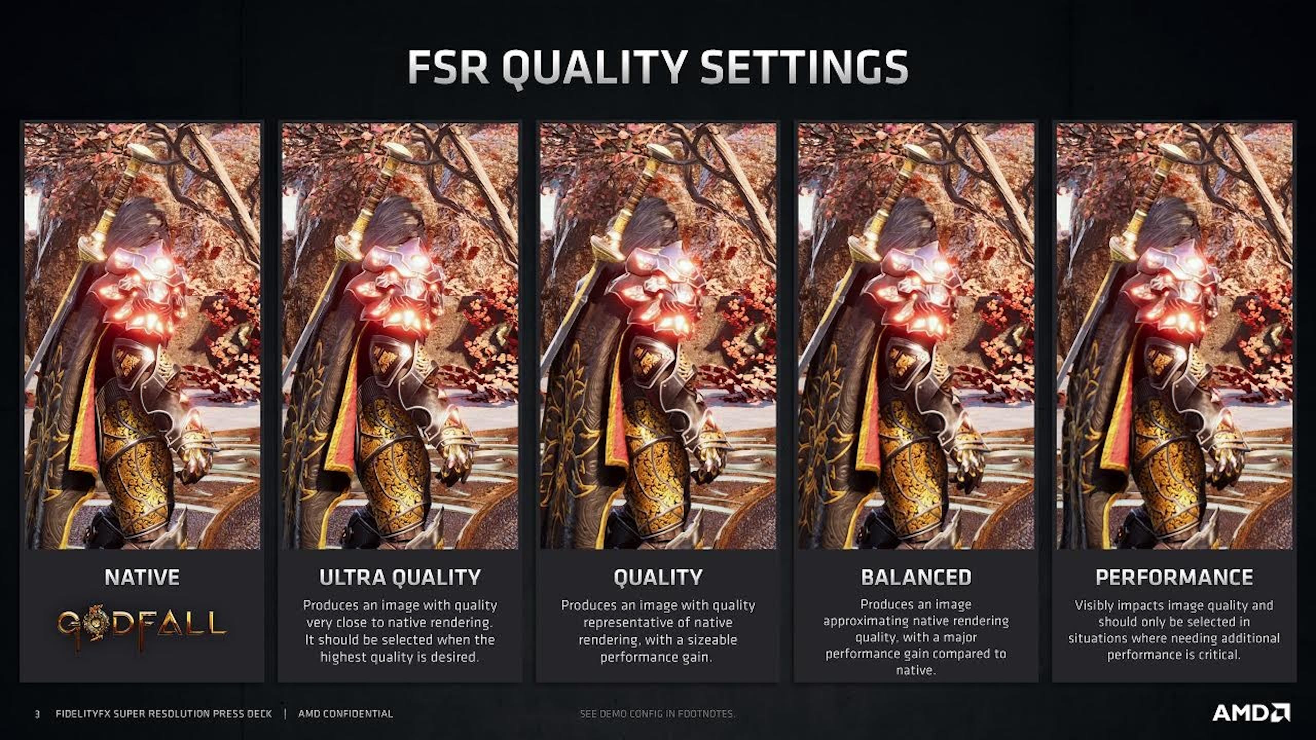 照片中提到了FSR QUALITY SETTINGS、NATIVE、ULTRA QUALITY，包含了海報、圖形處理單元、Advanced Micro Devices公司、英偉達、視頻縮放器