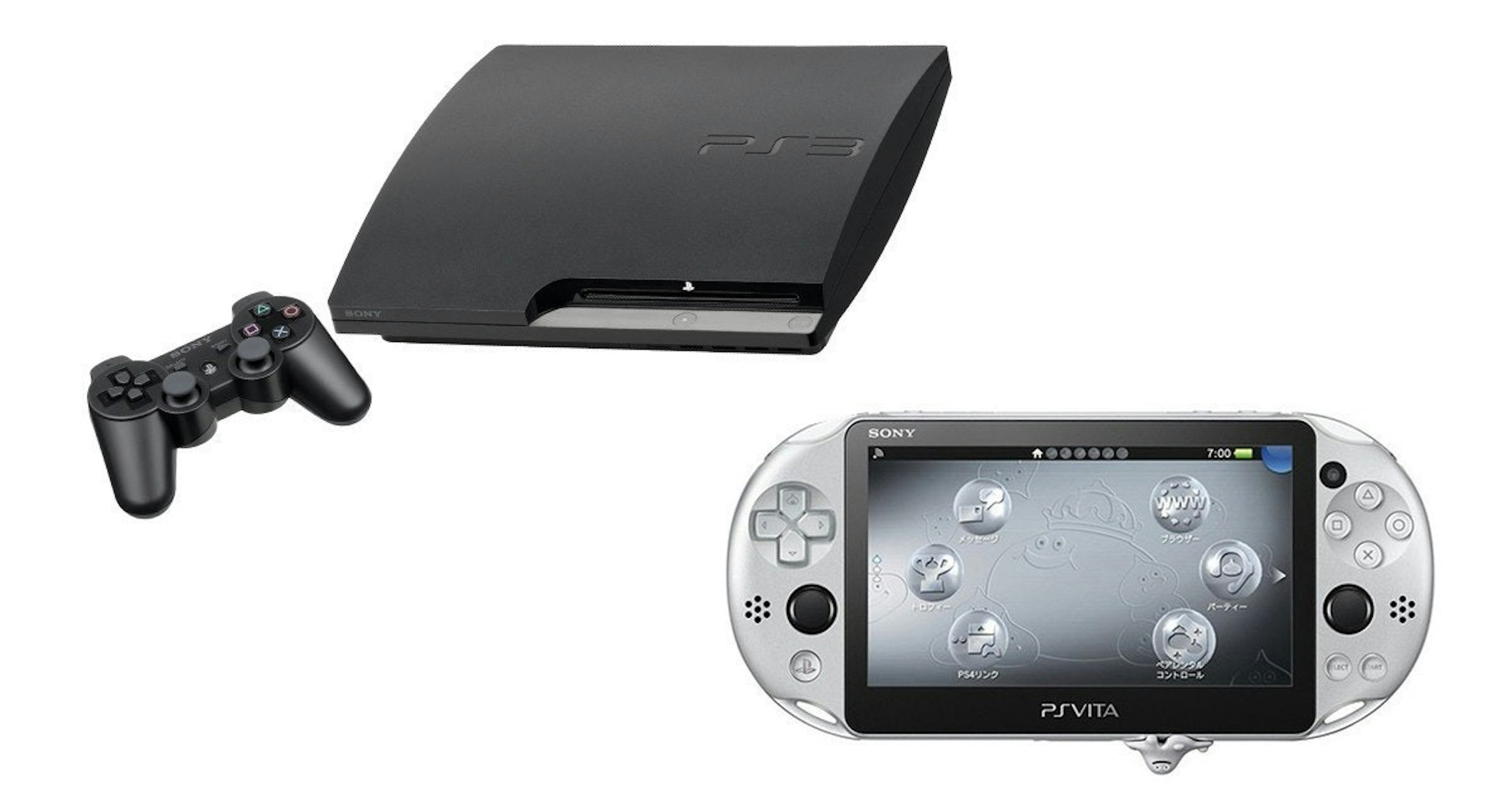 照片中提到了SONY、www、PS4リンク，包含了遊戲機便攜式配件、PlayStation Vita、的PlayStation 5、的PlayStation 4、勇者鬥惡龍：建造者