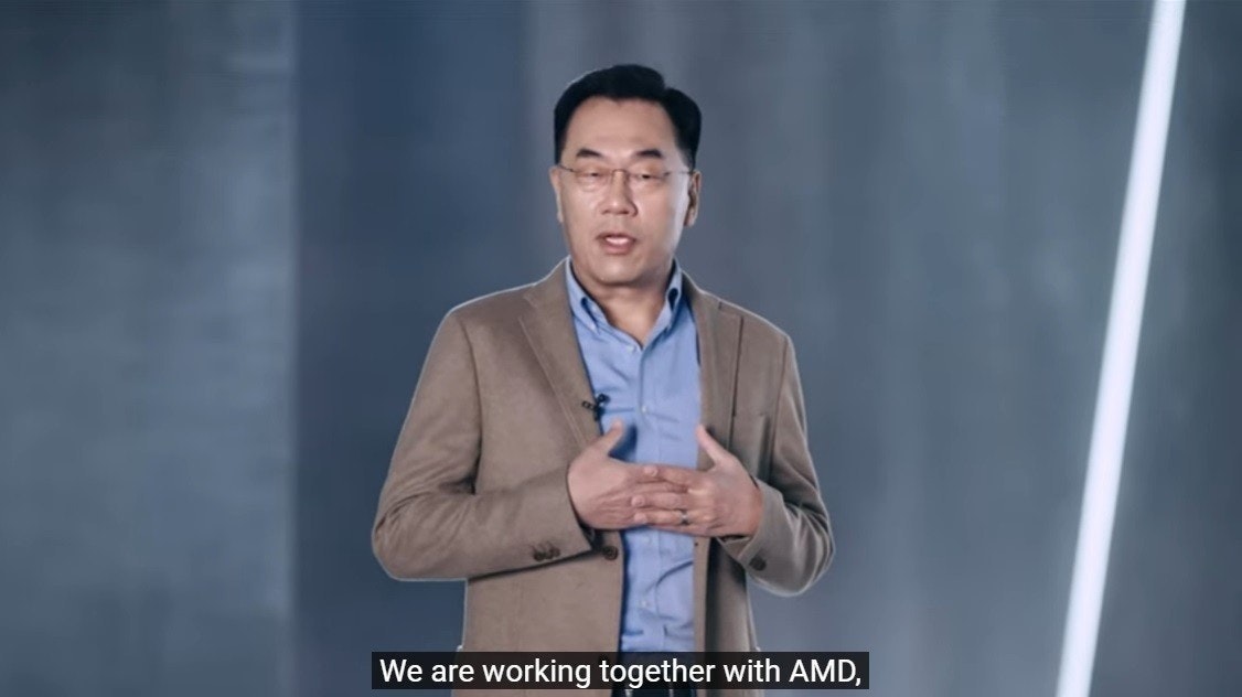 照片中提到了We are working together with AMD,，包含了公開演講、Exynos、圖形處理單元、Advanced Micro Devices公司、三星電子