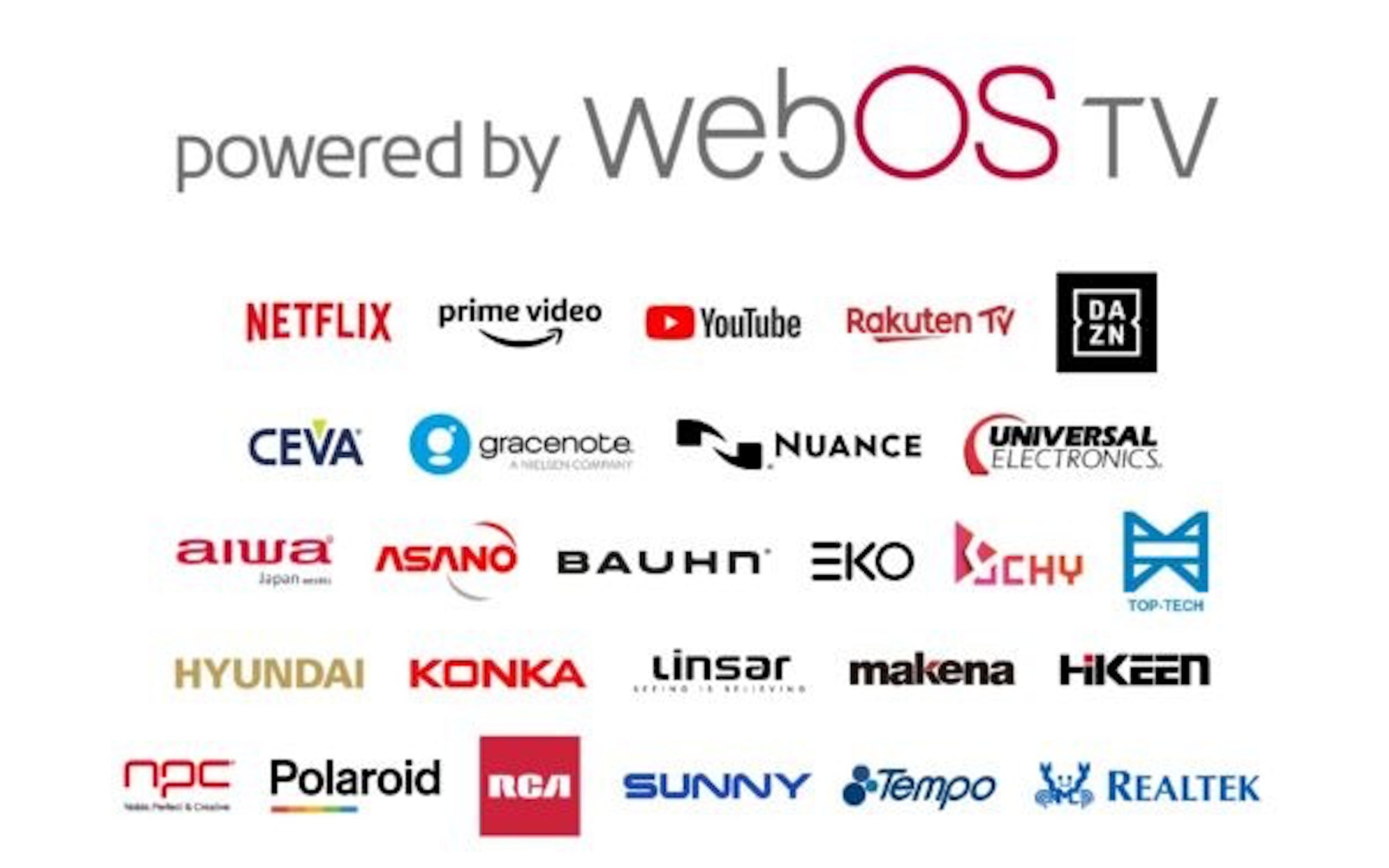 照片中提到了powered by WE5OS TV、NETFLIX prime video、YouTube Rakuten TV，跟網飛、的YouTube有關，包含了數、網絡操作系統、商標、牌、產品