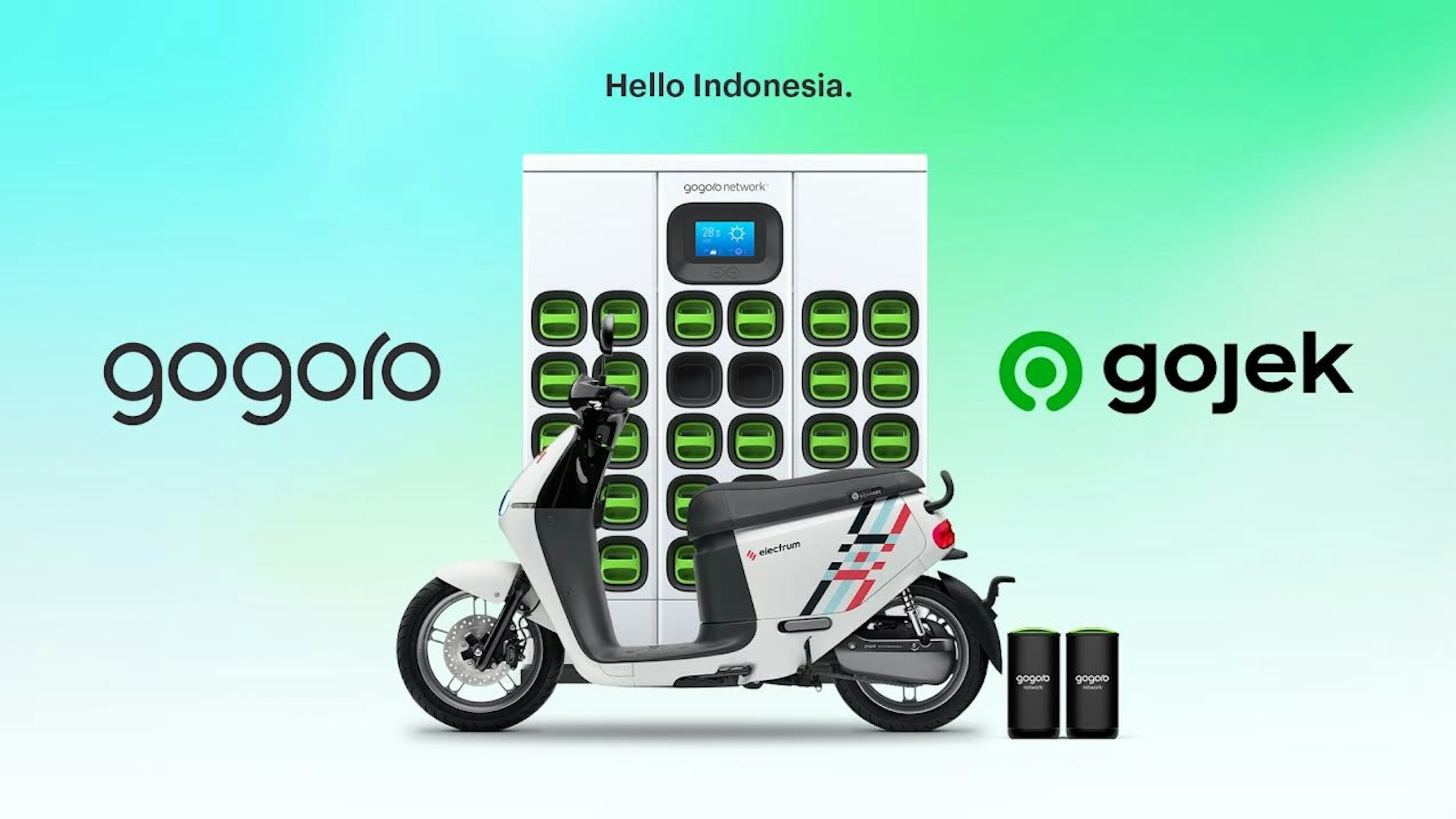 照片中提到了Hello Indonesia.、gogolo network、gogoro 3，跟五郎郎、歌爾有關，包含了電動車、摩托車、Gogoro Smartscooter