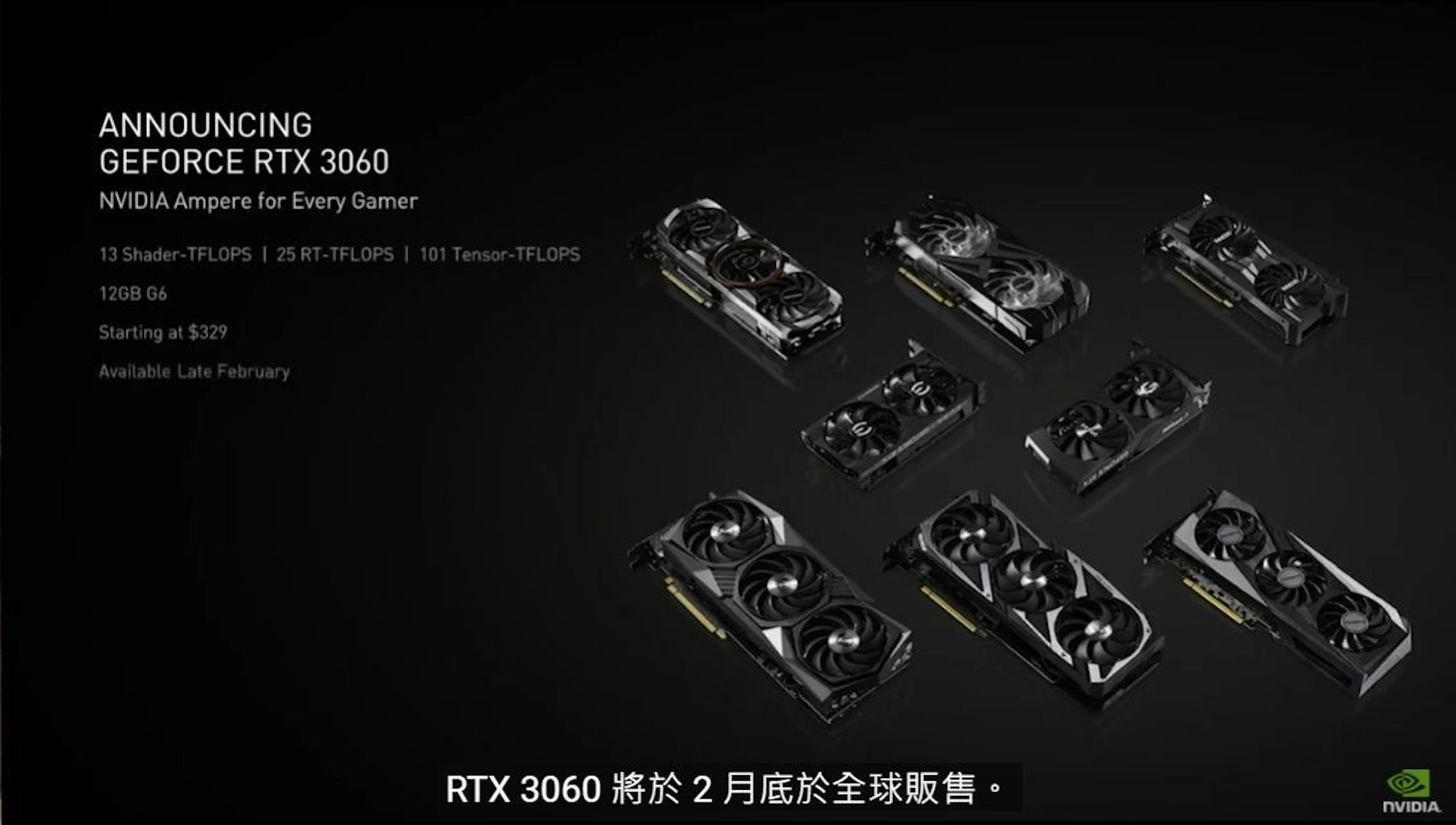 照片中提到了ANNOUNCING、GEFORCE RTX 3060、NVIDIA Ampere for Every Gamer，包含了電腦牆紙、汽車設計、汽車照明、產品、牌